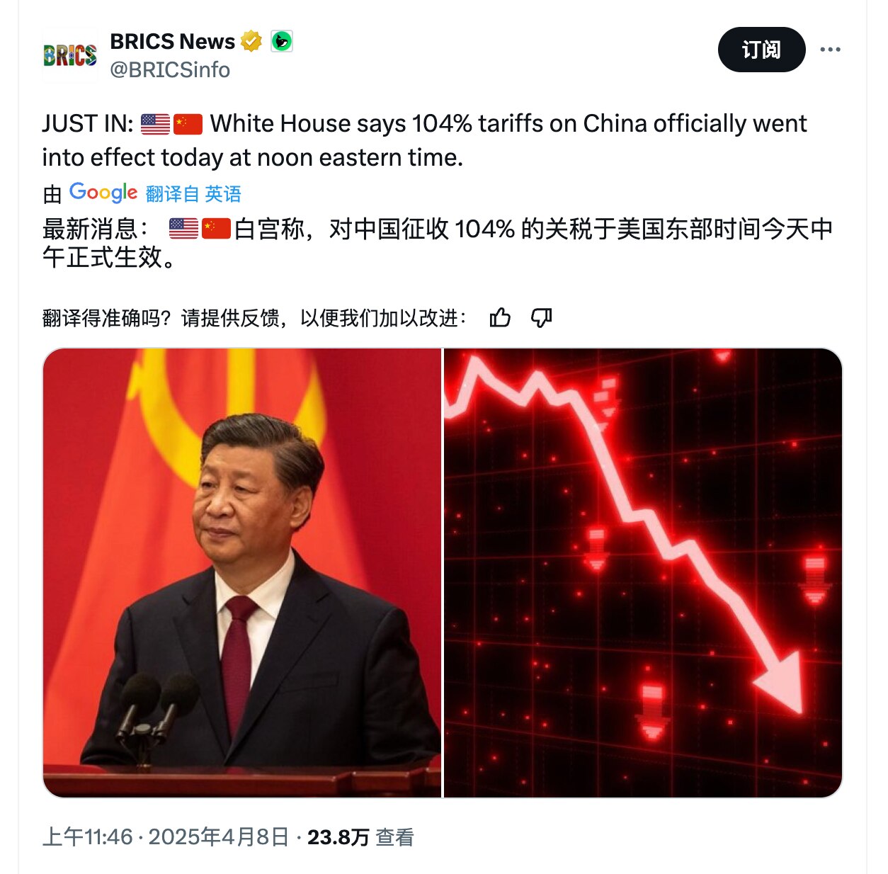 白宫确认对中共加征50%的惩罚关税，今年增加的总关税达到104%（不含之前的19%）后，中共人民币迅速贬值到7.4以上！记录到达7.4的瞬间！中共经济进入迅速坍塌的拐点！

不过离具体实施还有12小时...