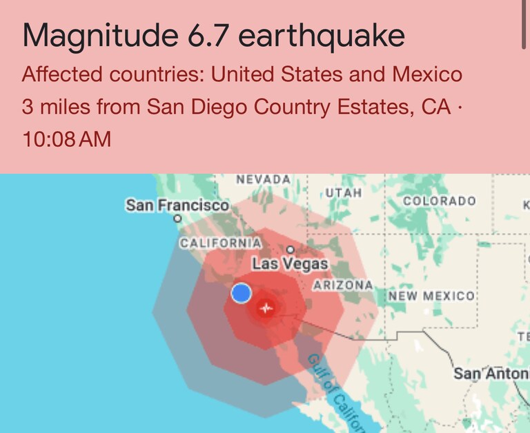 #JUSTIN A powerful 6.7 magnitude earthquake has rocked the San Diego area, per USGS. Intense shaking reported across the region, with residents describing