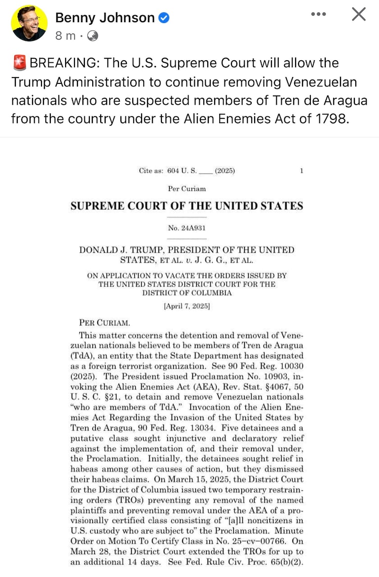 #MAGAMONDAY ๐ฅ๐ฅ๐ฅ
BREAKING: The U.S. Supreme Court will allow the Trump Administration to continue removing Venezuelan nationals who are suspected member