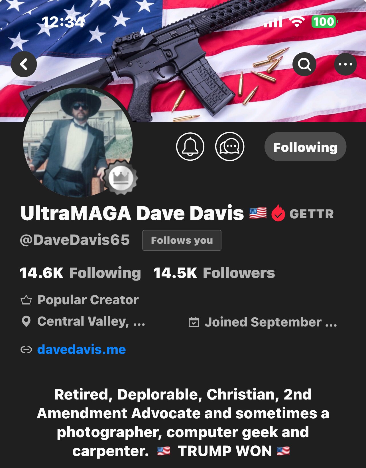 Follow my one of a few real friends on @Gettr: @DaveDavis65 🇺🇸