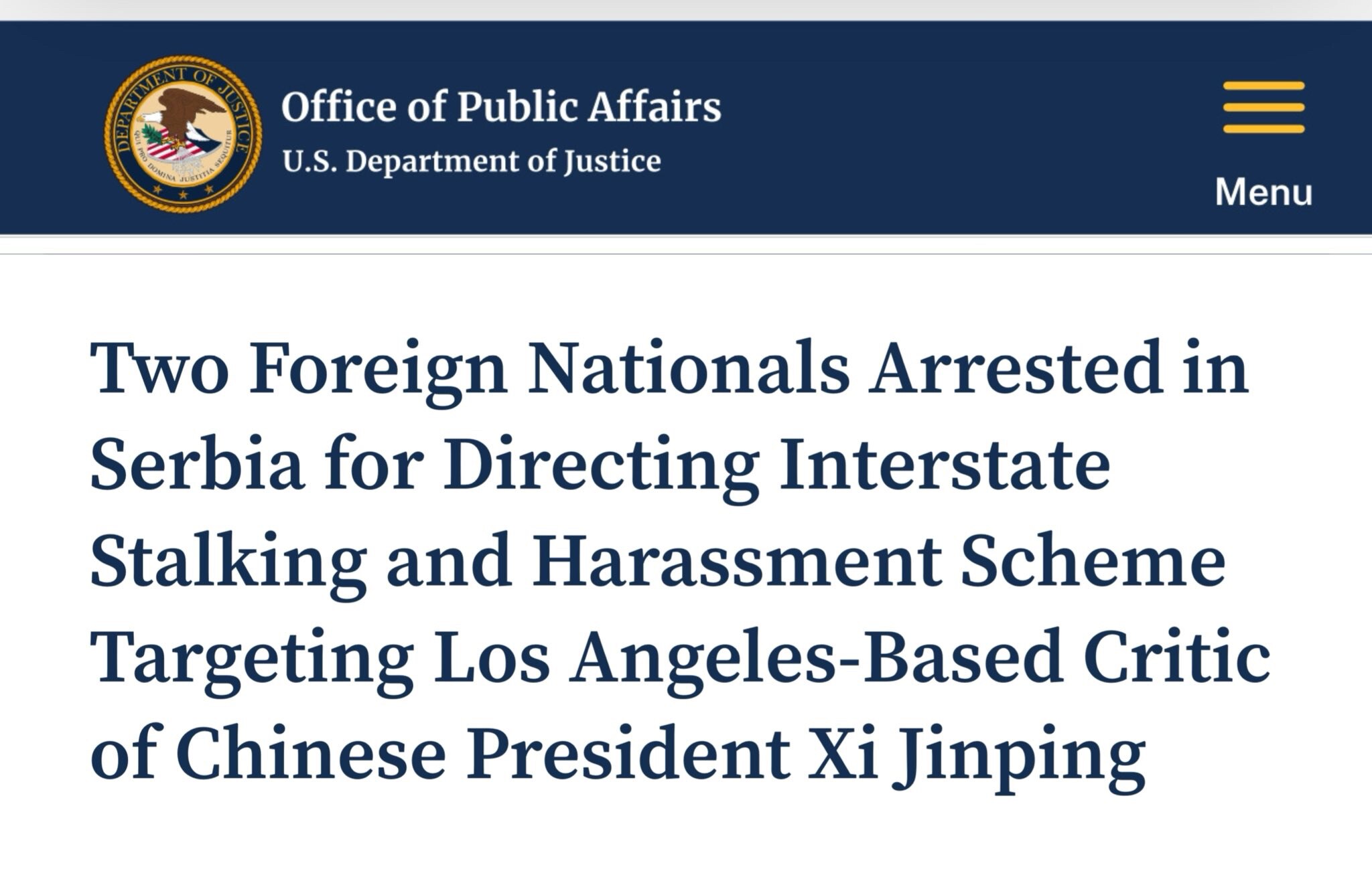 应美国的要求，塞尔维亚执法当局逮捕了两名外国国民——🇨🇳崔光海和🇬🇧约翰·米勒。

Cui和Miller被指控协调和指挥阴谋骚扰、恐吓和威胁一名公开批评习近平的洛杉矶居民（受害者）。

从20...