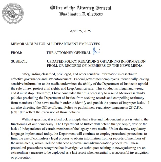 Justice Department revokes Biden-era protections for reporters in leak investigations

"Federal gove...