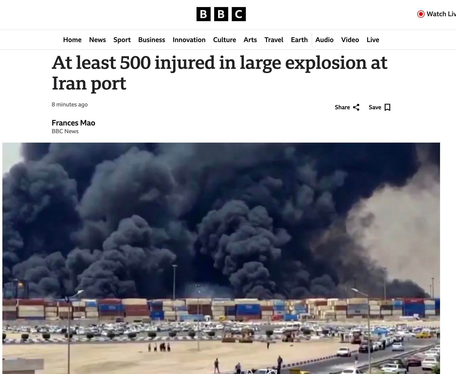 再一次的精准的战局预测🤔

中共国🇨🇳在中东最重要港口被炸💥

伊朗🇮🇷最大的集装箱转运港口被炸

死伤500多人，爆炸巨大黑烟滚滚

此港口占非石油货物运输55%，占伊朗🇮🇷集装箱卸...