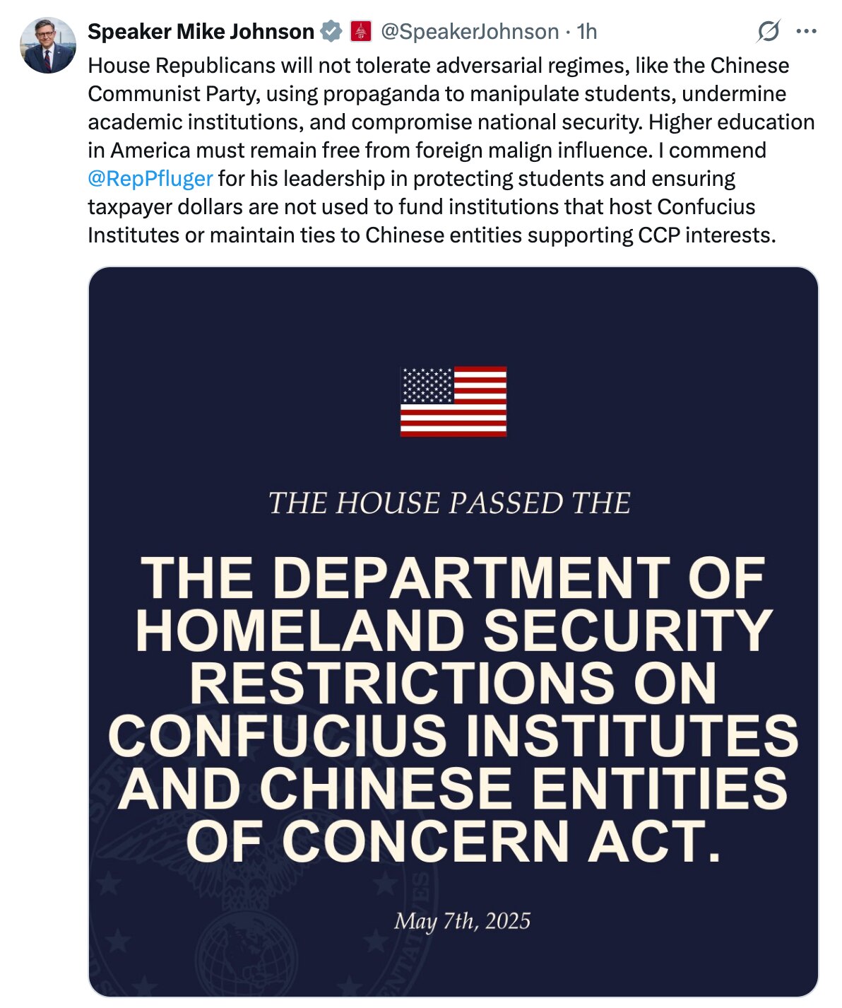 Mike Johnson: “… will not tolerate adversarial regimes, like the Chinese Communist Party, using prop...