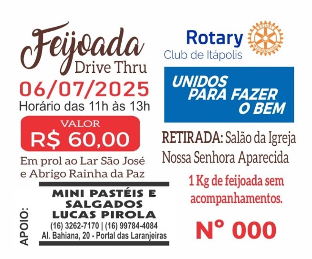 A tradicional Feijoada do Rotary Club de Itápolis já está sendo vendida!
Adquira a sua e colabore co...