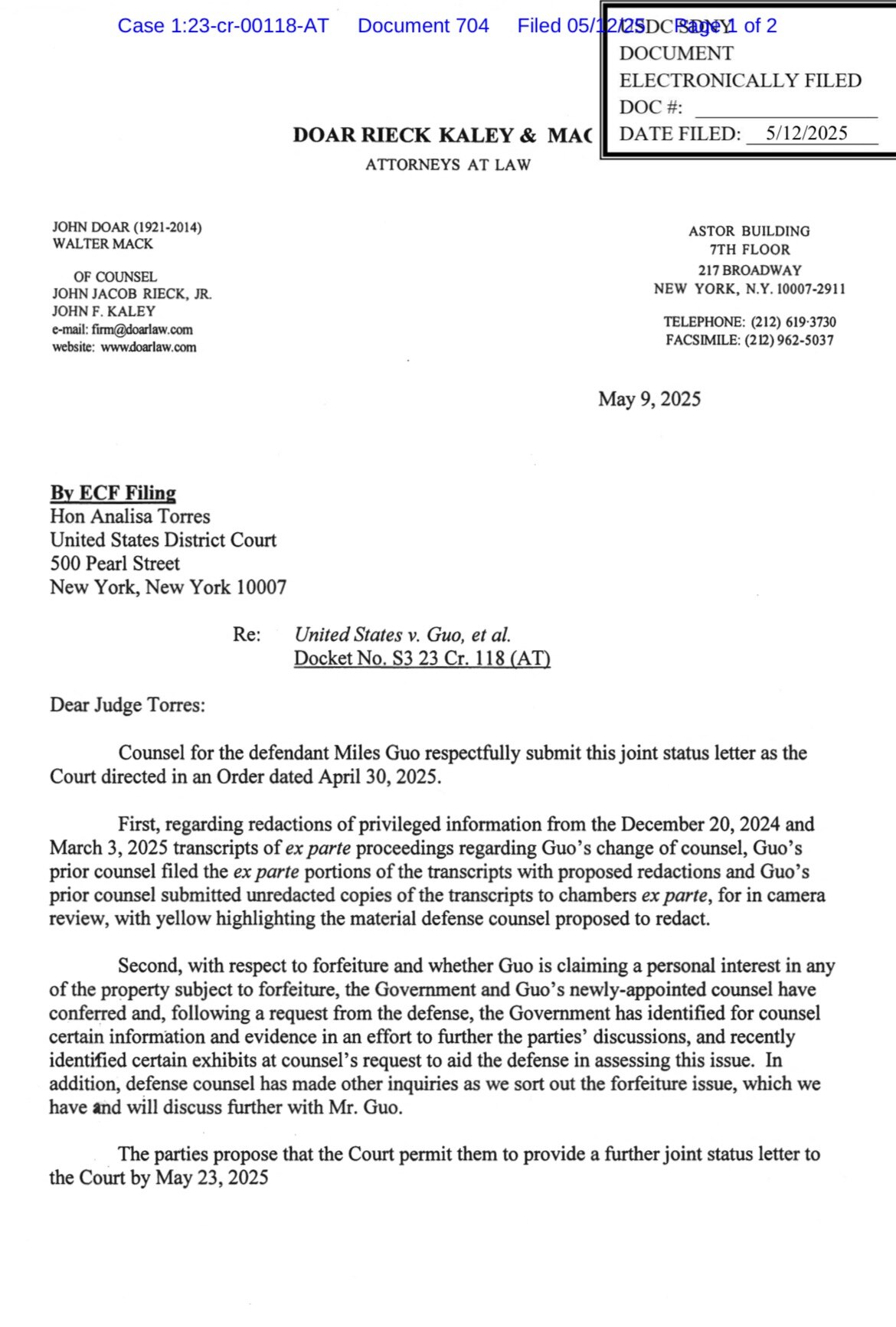 2025年5月12日

一封联合状态函（关于法院案件进展的更新）将于2025年5月23日前提交，已获法官批准。

#whoismilesguo #sdny #GuoWengui 

https://s...