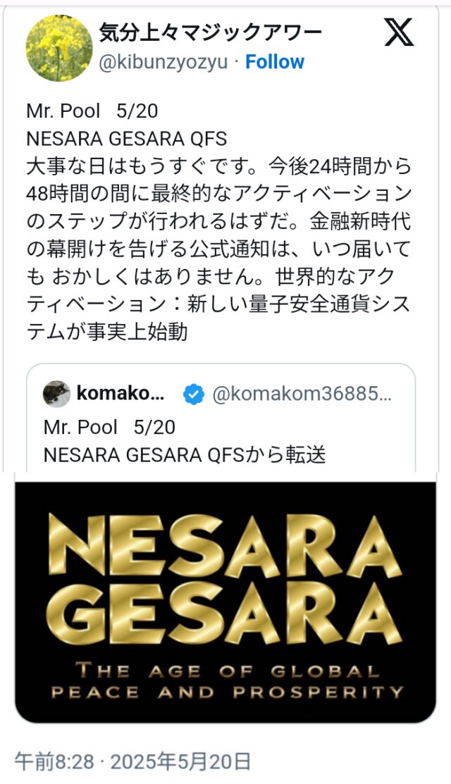 Mr. Pool 5/20⚡NESARA GESARA QFS💌大事な日はもうすぐです😂5月20日の24時間から48時間の間に最終的なアクティベーションのステップが行われるはずだ🔔金融新時代の幕...
