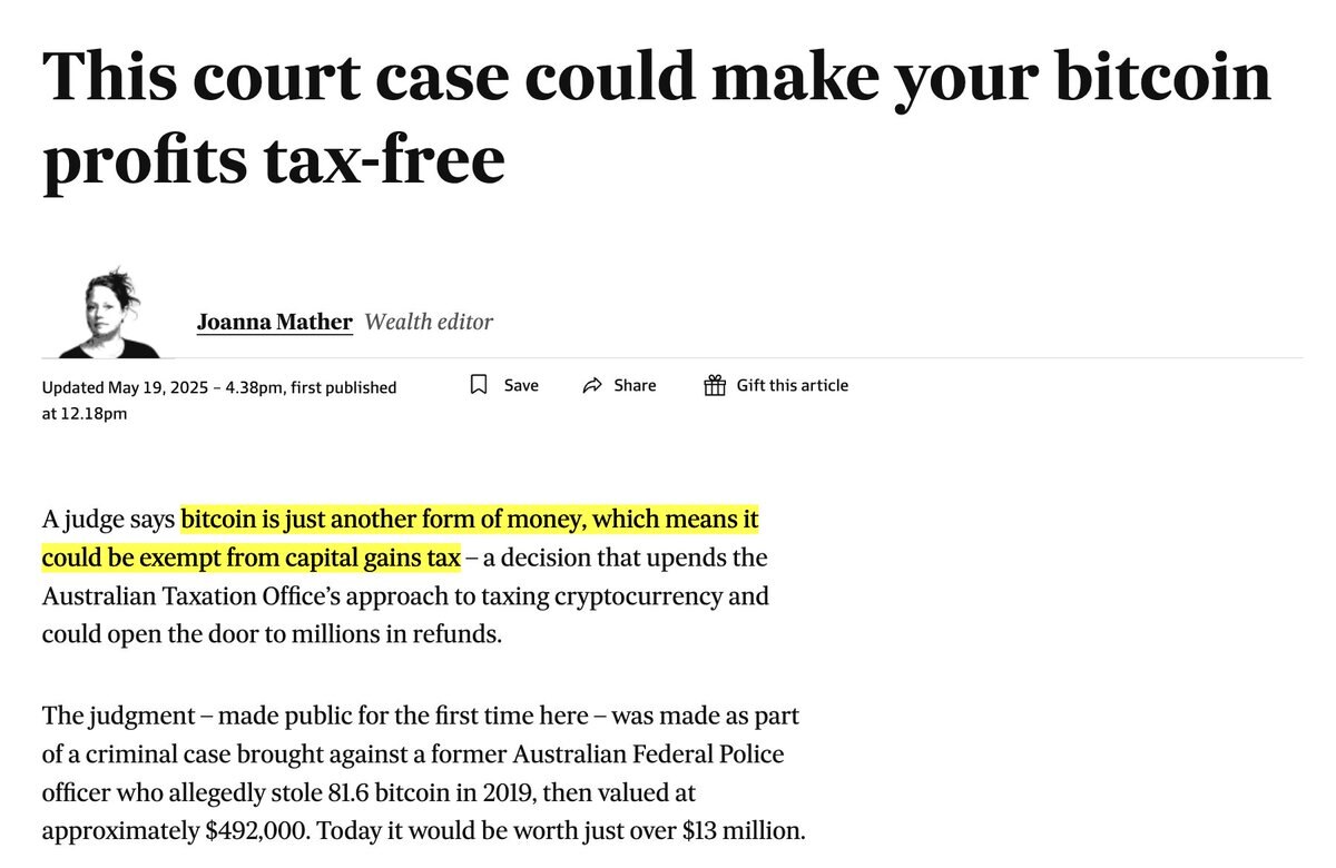 Australian judge rules that Bitcoin is a form of money, which could make it exempt from capital gain...