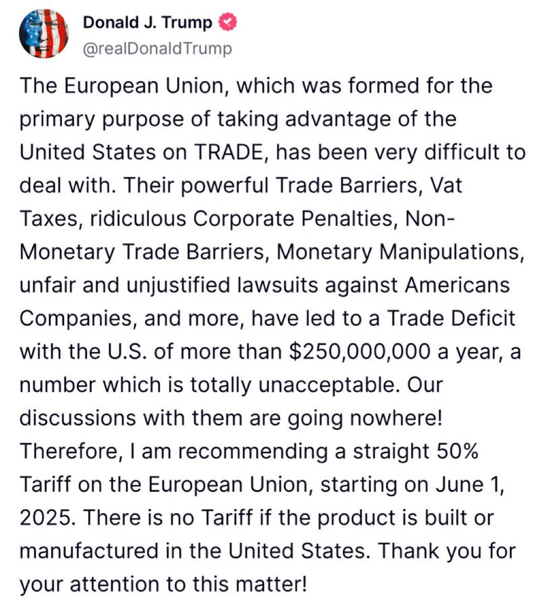 川普总统要在6月1日起对欧盟征收50%关税！对中共如果不算芬太尼税的话才30%，算上芬太尼税也就50%，当然是临时90天，后面谈不拢还可能加。美国对欧盟的关税比对中共的还高！

估计是受中共怂恿欧盟也...
