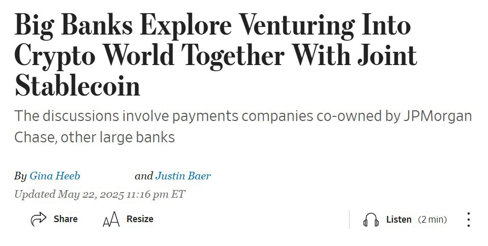 摩根大通等大银行加紧布局稳定币和加密货币。

前面十年美元想保持霸主地位，打压加密货币，中共为了挑战美元，大力发展加密货币，美国已经落后了。现在美国醒悟过来了，在技术、人才和市场方面都没有问题，只是不...