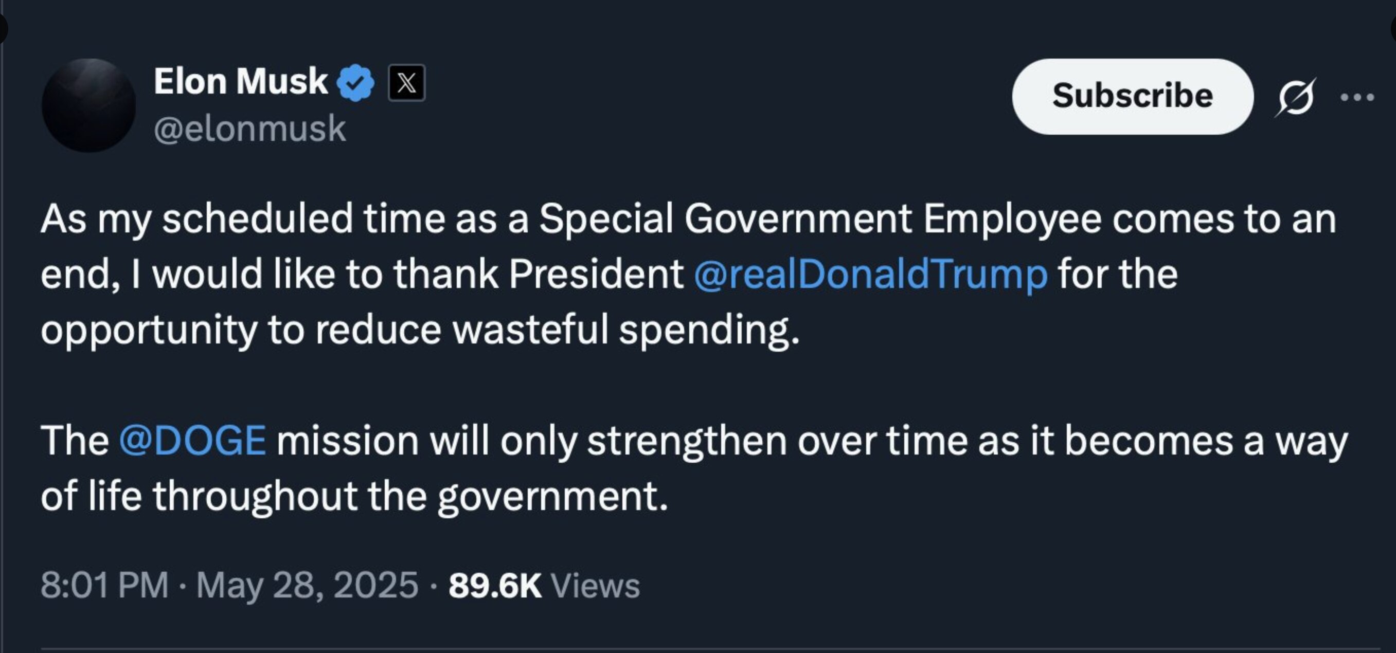 聘期已到，马斯克离开川普政府效率部。马斯克在川普竞选时期以及在川普政府DOGE工作期间立下汗马功劳，他是一位英雄！只是他是创新的脑子，政治不是他的长项，他和政治保持一点距离比较好，最好他被中共按在地上...