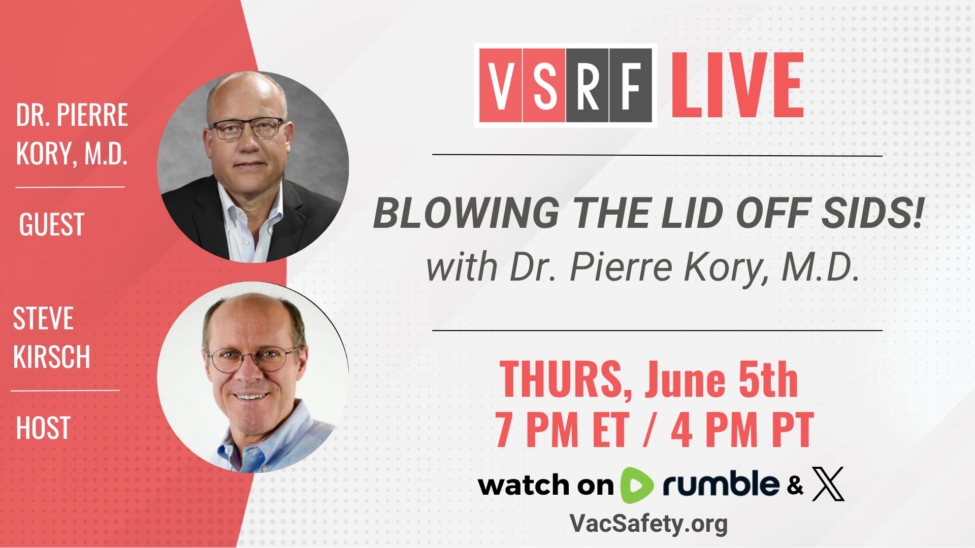Join us TONIGHT on #VSRFLive:
We welcome back our fearless friend, Dr. Pierre Kory, MD for a powerful deep dive into one of the most heartbreaking and under-investigated tragedies of our time: SIDS. What’s really behind these deaths?
Don’t miss it -- 7pm ET / 4pm PT.
Watch live on Rumble.
https://rumble.com/v6u93iz-episode-180-blowing-the-lid-off-sids.html?e9s=src_v1_ucp