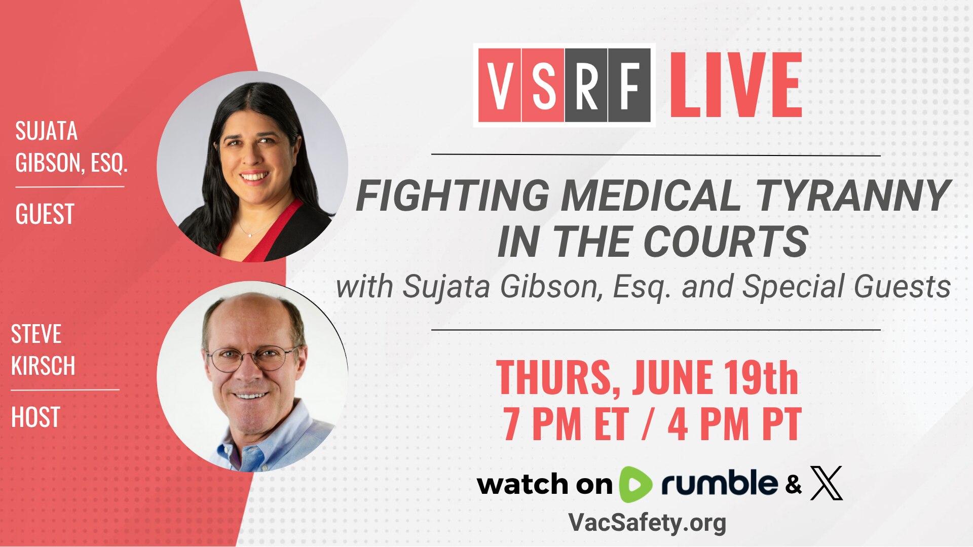 🚨 This Thursday on #VSRFLive: Don’t miss civil rights attorney Sujata Gibson in an explosive interview exposing New York’s assault on medically vulnerable children and families.
From unconstitutional mandates to the gutting of medical and religious exemptions, Gibson reveals how the state is targeting those least able to fight back—and what it means for the future of freedom in America.
She’s the powerhouse attorney who struck down NY’s healthcare worker mandates and now leads multiple lawsuits defending the rights of marginalized communities.
Join us this Thursday at 7 pm ET on Rumble & X.
Don't miss it.
@stkirsch
#VaccineExemptions
#mandates
#InformedConsent