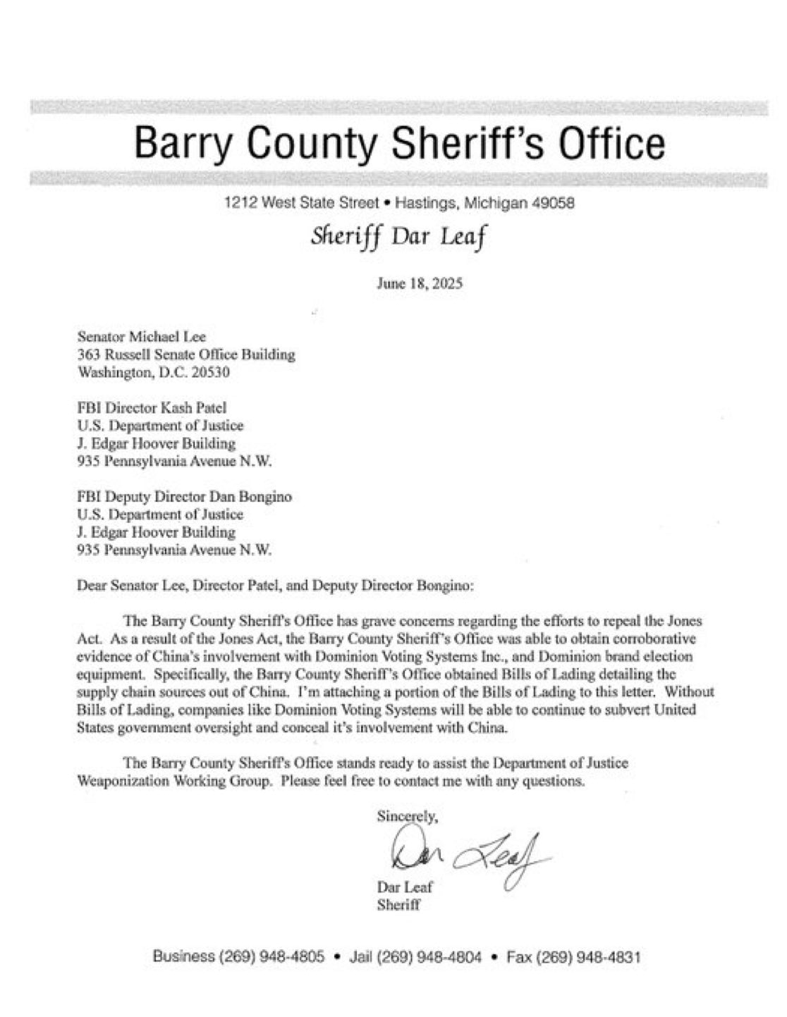 美国调查Dominion投票系统与中共的关系！

密歇根州巴里县警长达尔·李夫（Dar Leaf）于2025年6月19日签署一封正式信函，要求美国司法部对Dominion投票系统与中共实体之间的关联展...