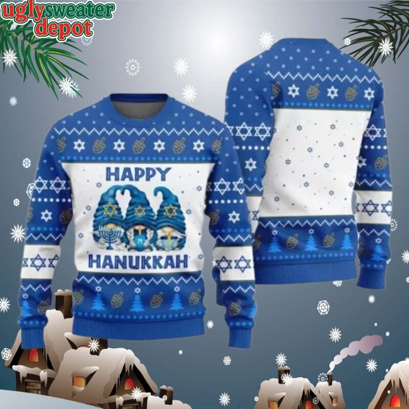 Adorable Gnome Happy Hanukkah Ugly Sweater features three charming gnomes wearing blue conical hats,...