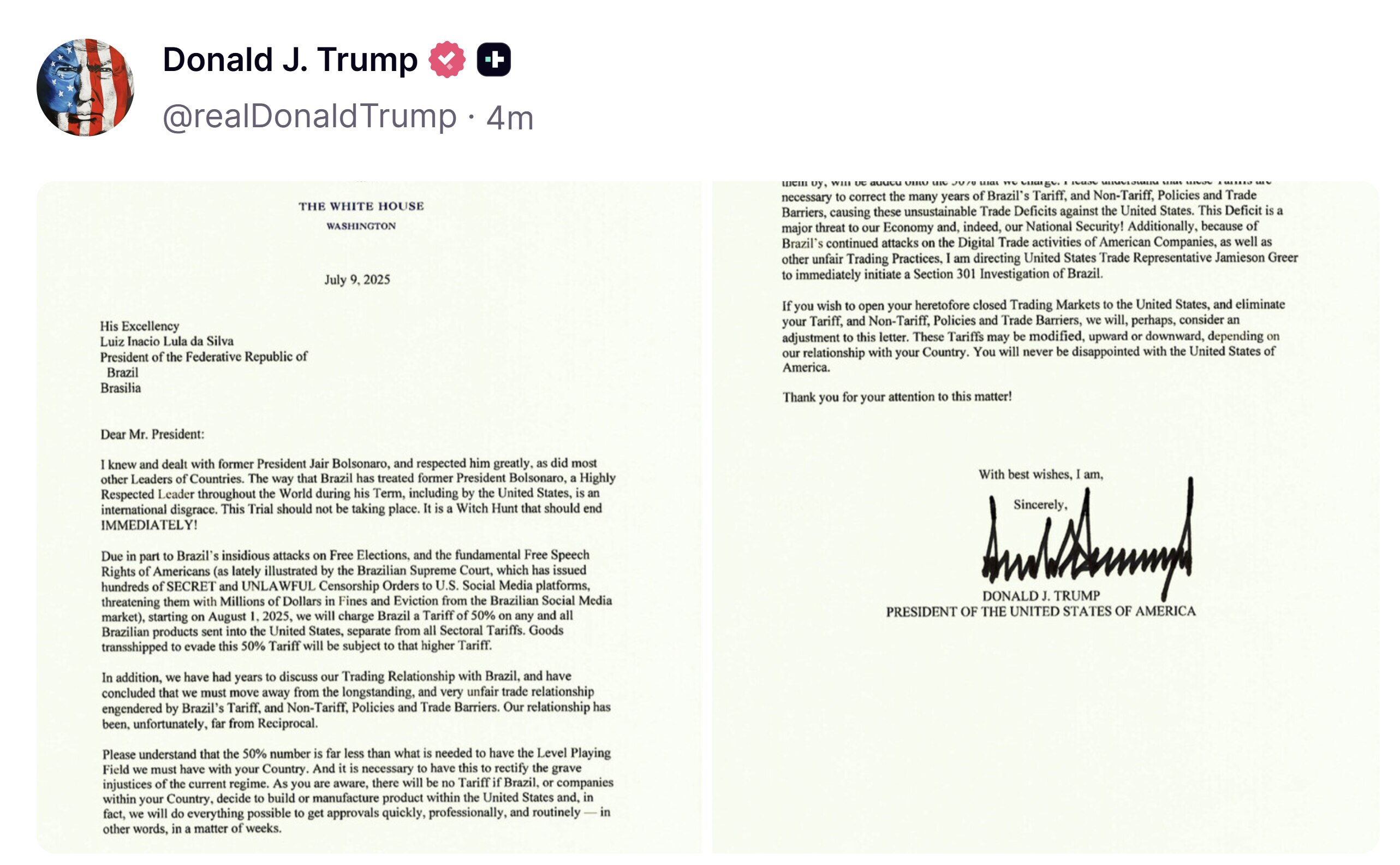 【美国之声--对巴西出口到美国的任何产品征收50%的基准关税】7月9日川普总统：

自2025年8月1日起，美国将对所有巴西出口到美国的产品征收🌶️50%🌶️的关税，该关税不包含在其他行业性关税中...