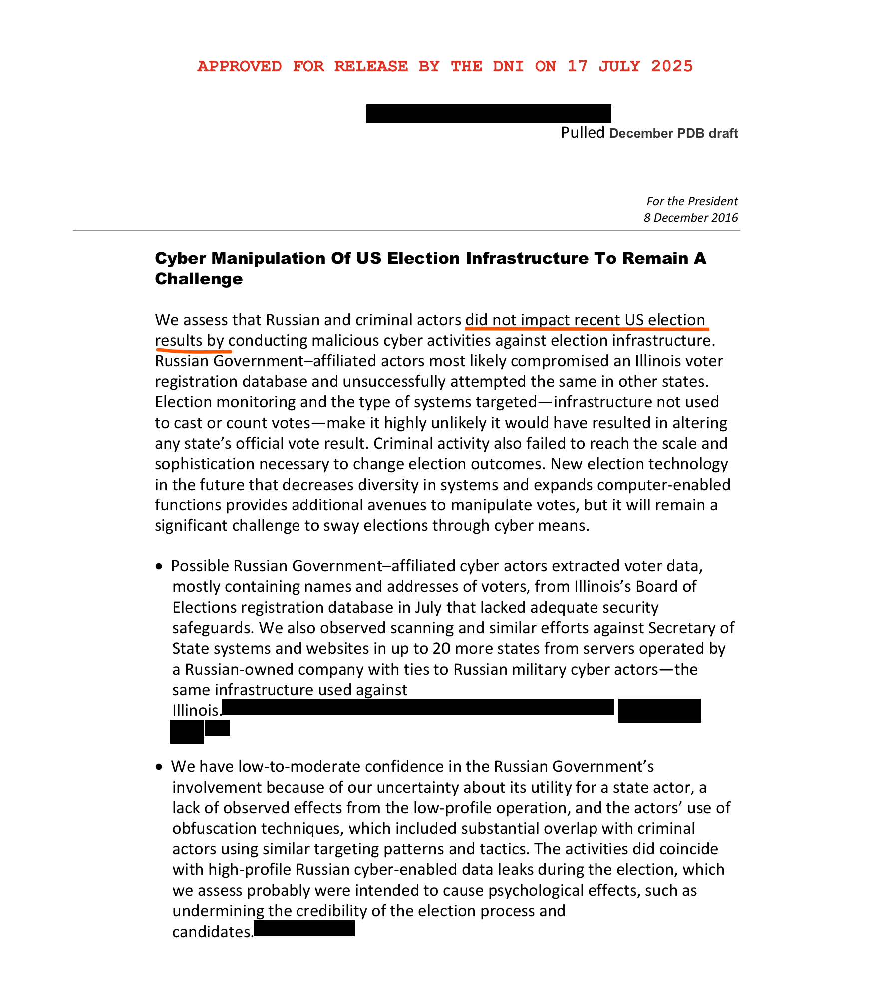 【美国之声--2016年12月8日 vs. 2016年12月9日】2025年7月18日国家情报总监贾巴德解密了上述两个日期内关于俄罗斯通过网络攻击操纵2016年总统大选的矛盾说法。 因为2016年12...