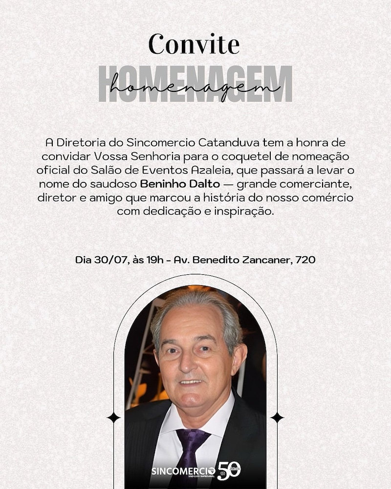 É com muita honra que a Diretoria do Sincomercio, convida você para o coquetel de nomeação oficial d...