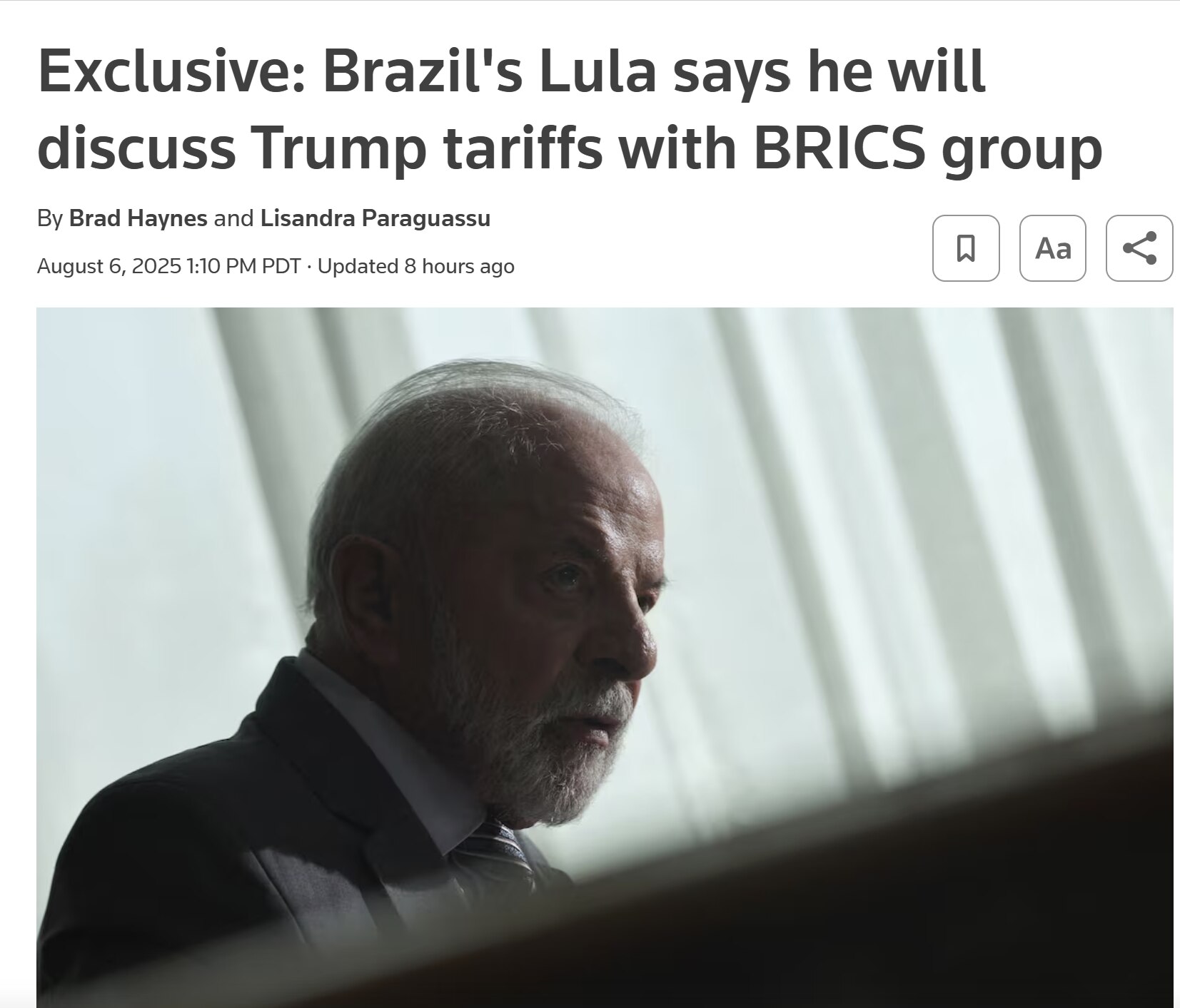 【美国之声--卢拉要“讨论金砖国家联合行动”应对川普的关税政策】2025年8月6日《路透》：

巴西卢拉称将和印中通话，讨论金砖国家联合行动应对川普的关税政策。 

背景：美国对巴西、印度征收50%的...