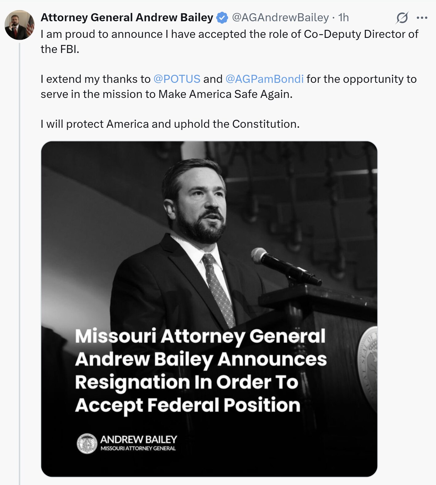 【美国之声--苏里州总检长贝利（Andrew Bailey）为FBI副局长】2025年8月18日司法部任命密苏里州总检长贝利（Andrew Bailey）为FBI副局长，贝利因此将辞去总检长职位。

...