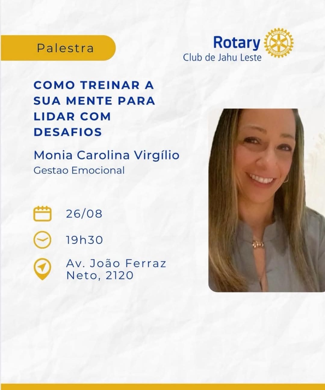 VOCÊ ESTÁ CONVIDADO

Na próxima terça-feira (26), o Rotary Club de Jahu - Leste, terá a honra de rec...