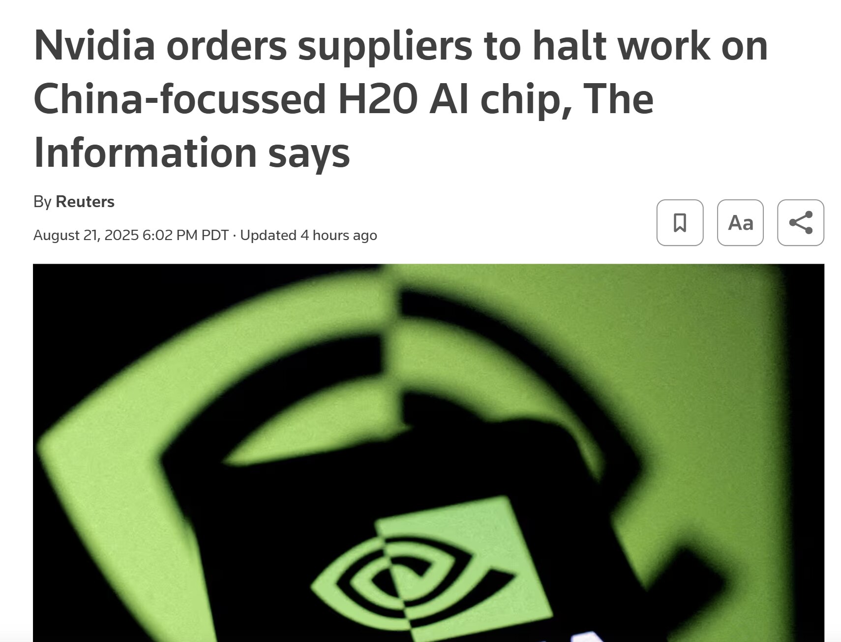 【美国之声--英伟达已通知供应商暂停生产H20芯片】2025年8月21日《路透》：

英伟达已指示总部位于亚利桑那州的安靠科技（Amkor Technology）本周停止生产H20芯片，也已通知韩国的...