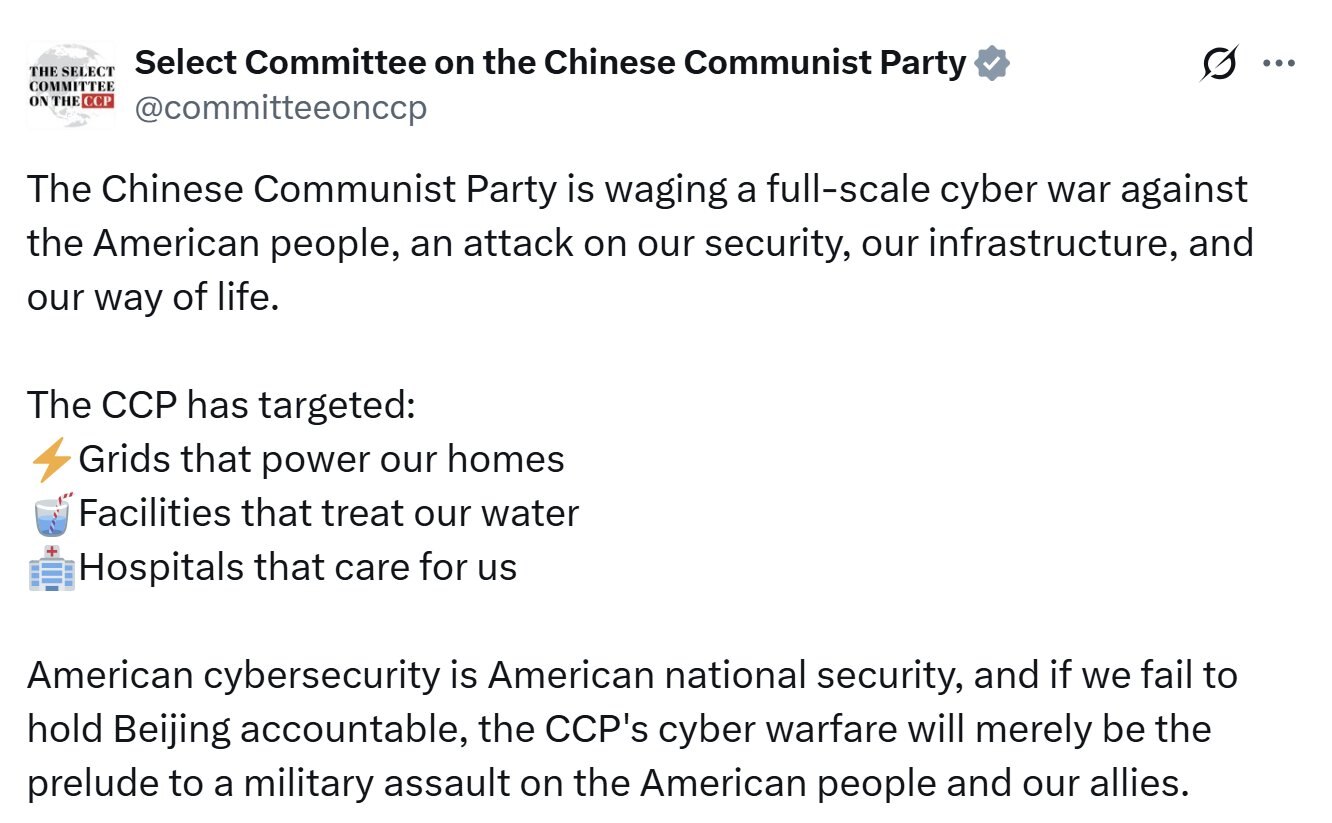 【美国之声--盐台风不过是中共对美国人民及其盟友发动军事攻击的前奏】2025年8月28日众议院中共问题特别委员会对FBI发布的盐台风评论：

中共正对美国人民发动一场全面的网络战争，这是一场对我们国家...