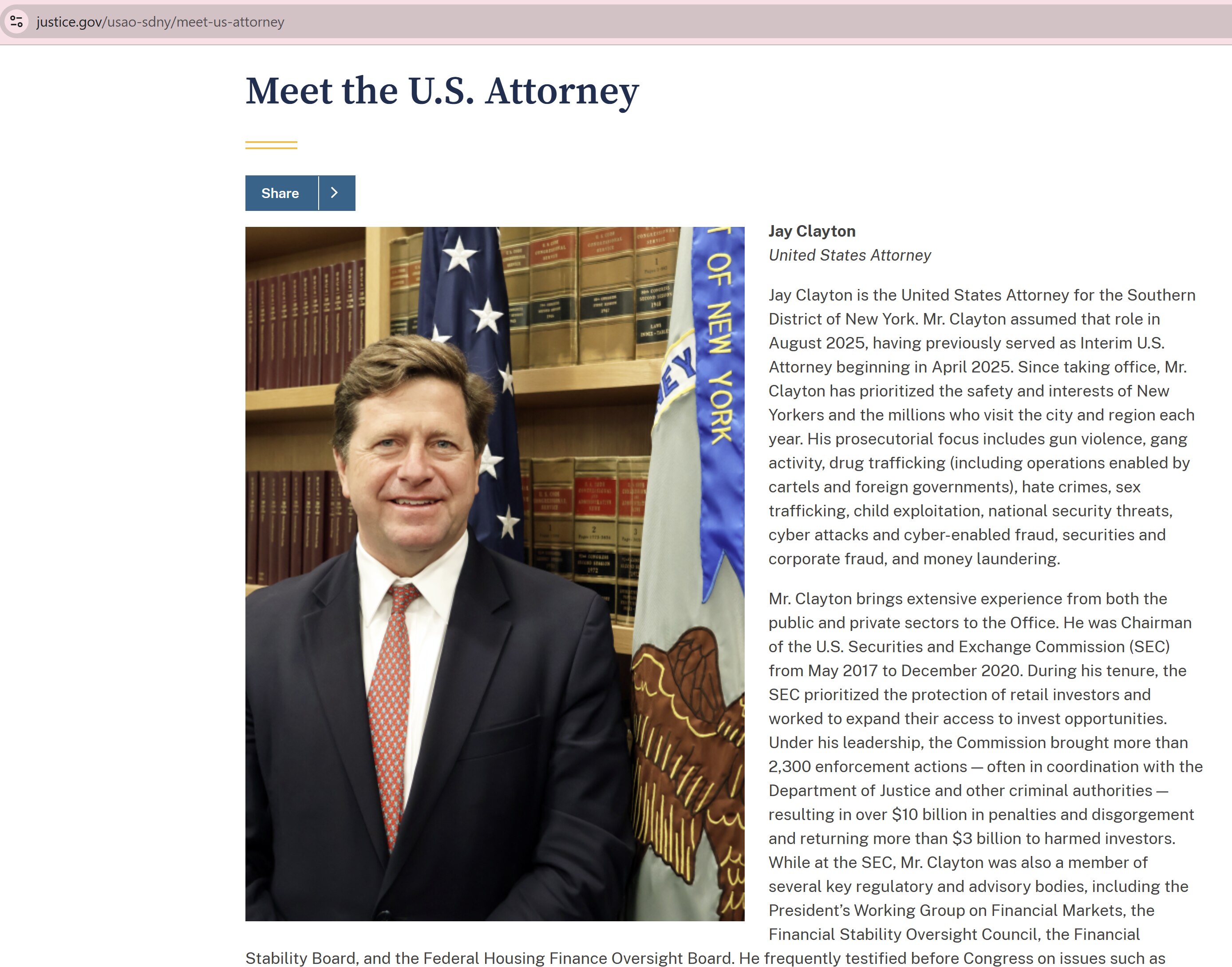 【美国之声--纽约南区有了正式检察官】2025年8月27日司法部更新其网站上对纽约南区检察官的介绍：

杰伊·克莱顿（Jay Clayton）是美国纽约南区联邦检察官。他于2025年🌶️8月正式就任...