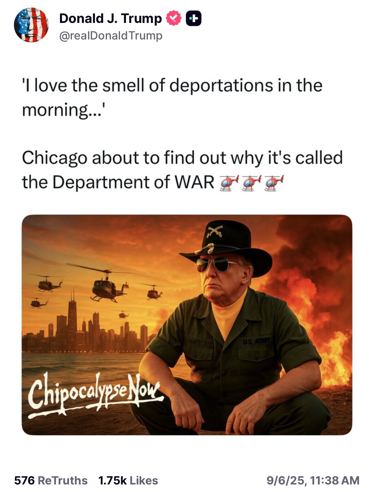 川普总统发出这样一个图片和文字，继华盛顿DC之后，川普要对深层政府（奥巴马）的老巢芝加哥下手了！

川普总统的战争部，战争目标首先就是国内的深层政府腐败卖国贼，攘外必先安内，先收拾好内部，然后对外拉俄...