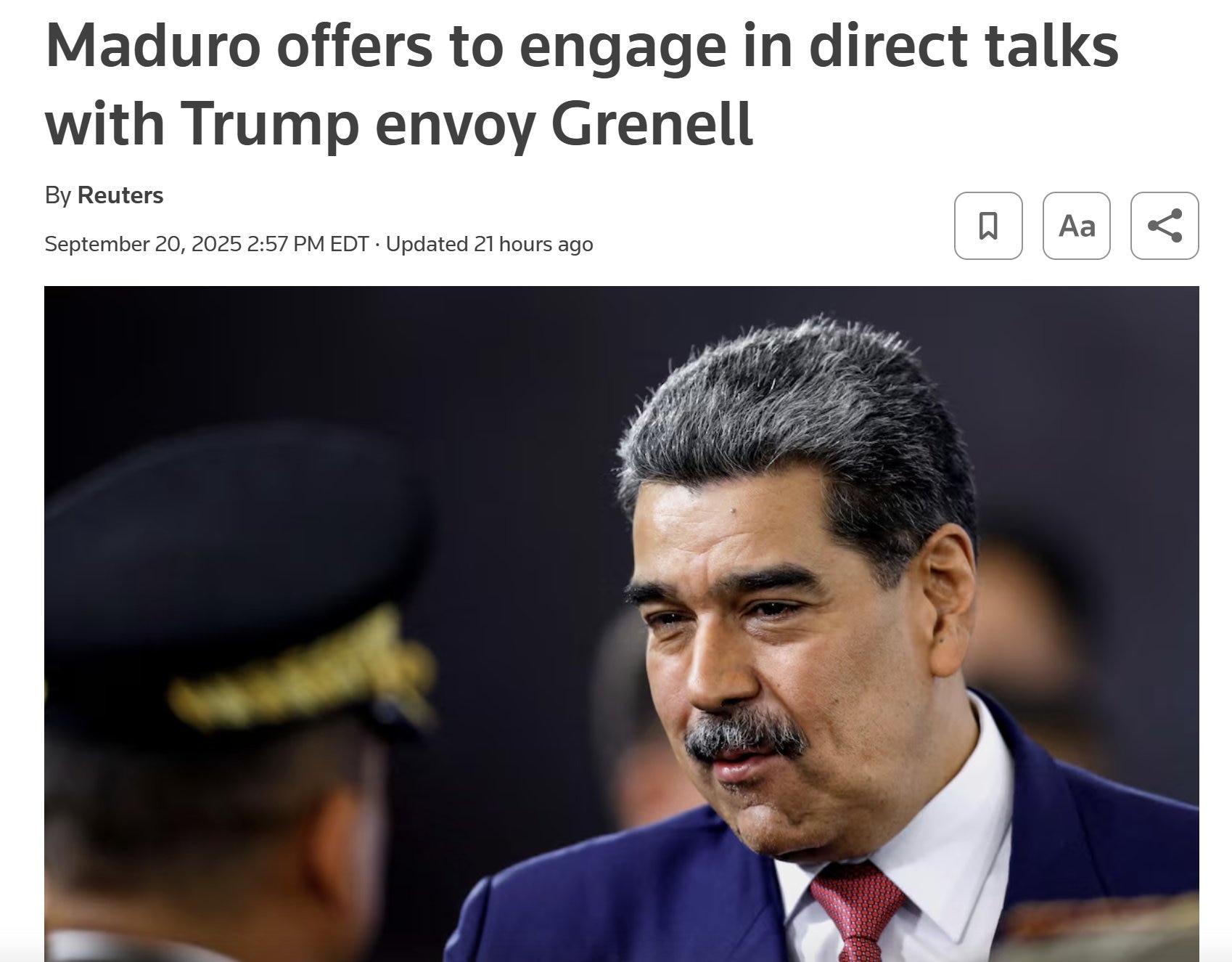 【美国之声--马杜罗要与川普政府🌶️直接对话🌶️】2025年9月20日路透：委内瑞拉总统马杜罗愿与川普政府直接对话。在9月6日致川普总统的信中，他写道：

“总统先生，我希望我们能够共同戳破那些玷...