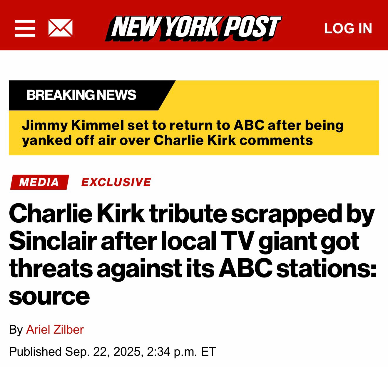 “The Baltimore-based local TV giant, which owns more than 40 ABC affiliates, yanked the Charlie Kirk...