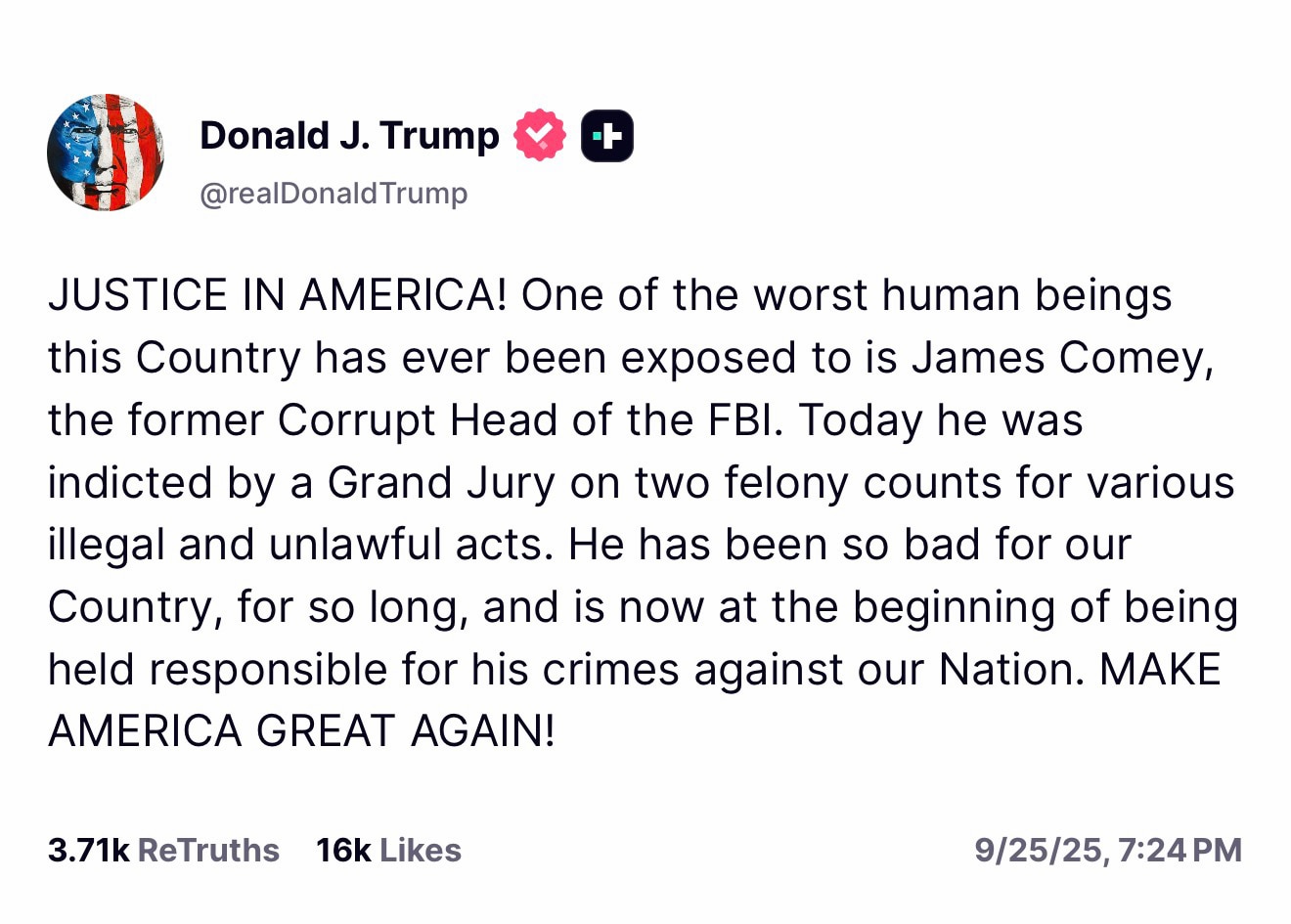 Comey Won’t Make It in Prison 
—This is a Death Sentence…
Sorry, Not Sorry

https://truthsocial.com/...