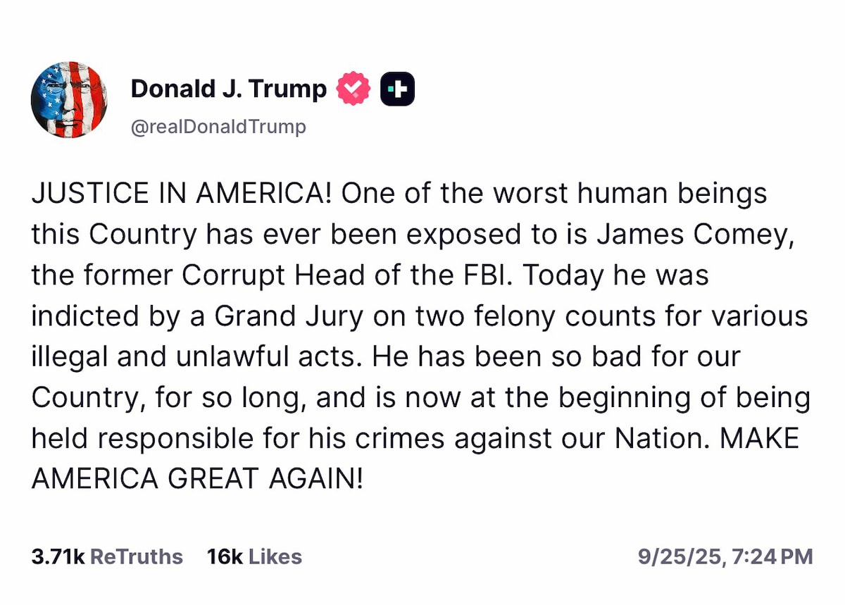 Comey Won’t Make It in Prison 
—This is a Death Sentence…
Sorry, Not Sorry

https://truthsocial.com/...