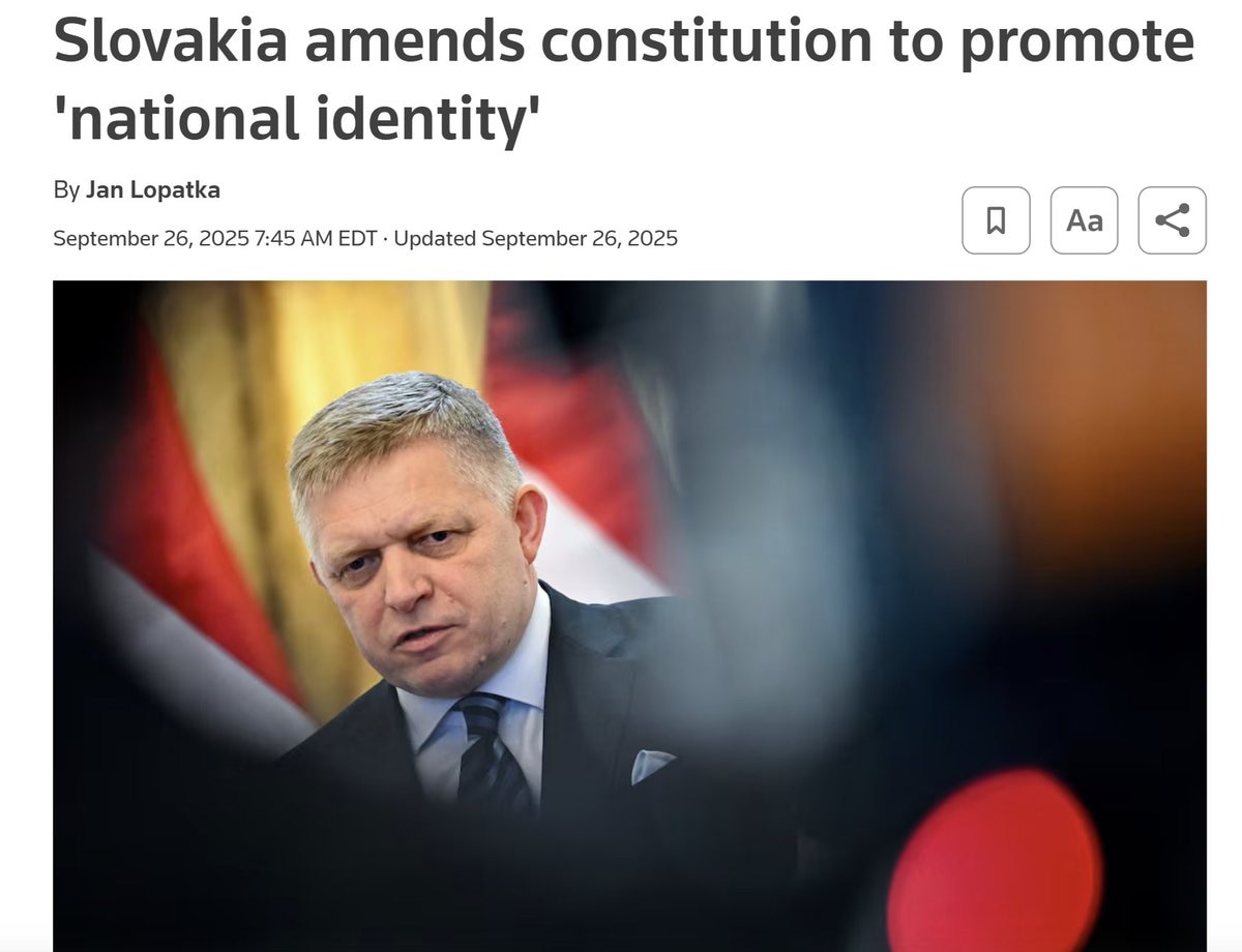 【美国之声--欧盟解体的开始？斯洛伐克修改宪法以促进“国家认同”】2025年9月26日《路透》：

斯洛伐克议会通过一项宪法修正案，明确在与“国家认同”相关的特定领域（包括家庭、性别、教育、文化和伦理...