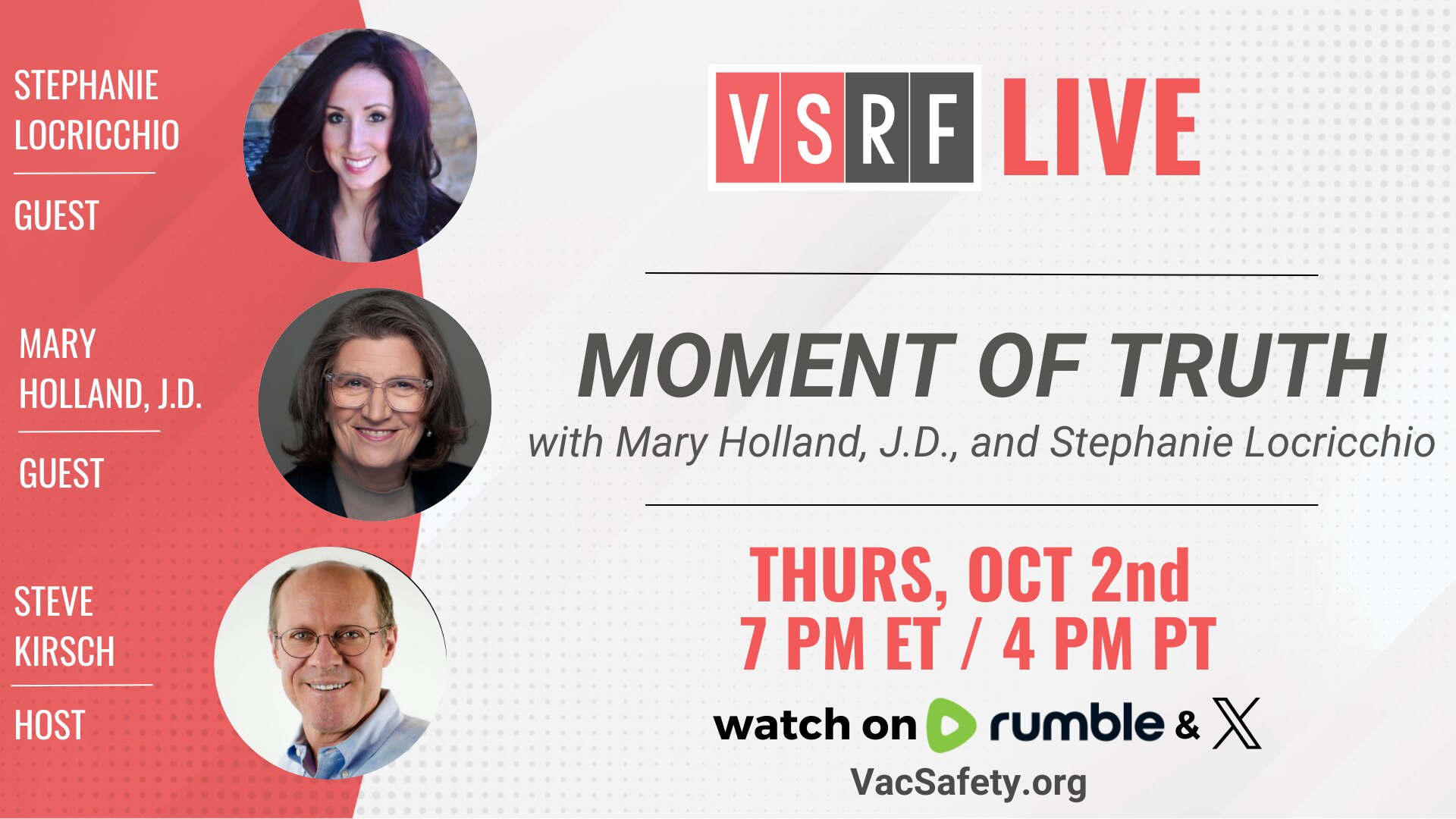 🚨TONIGHT on VSRF Live, we welcome Mary Holland, Esq., CEO of Children’s Health Defense, along with ...