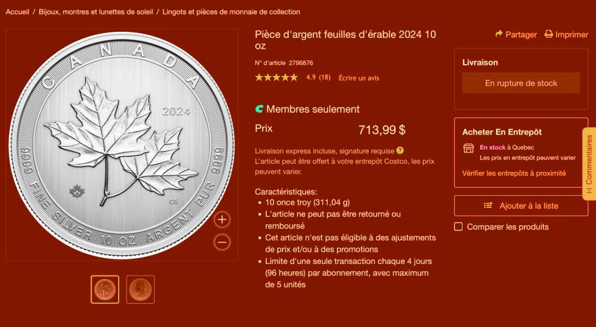 Les pièces en argent sterling .9999 de la Monnaie royale canadienne sont populaires, en ce moment, e...