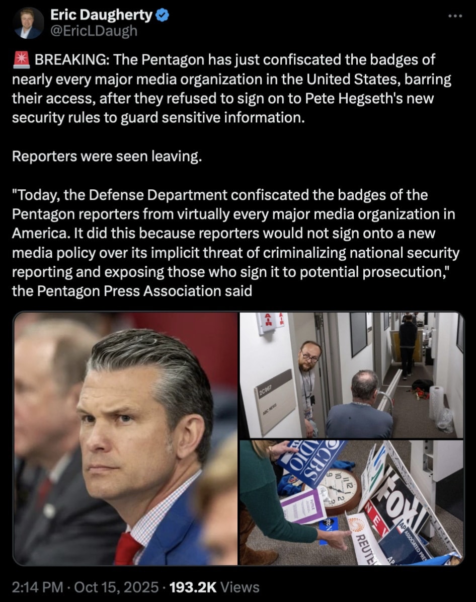 Department of War 
The Pentagon confiscated the badges of nearly every
major media organization in t...