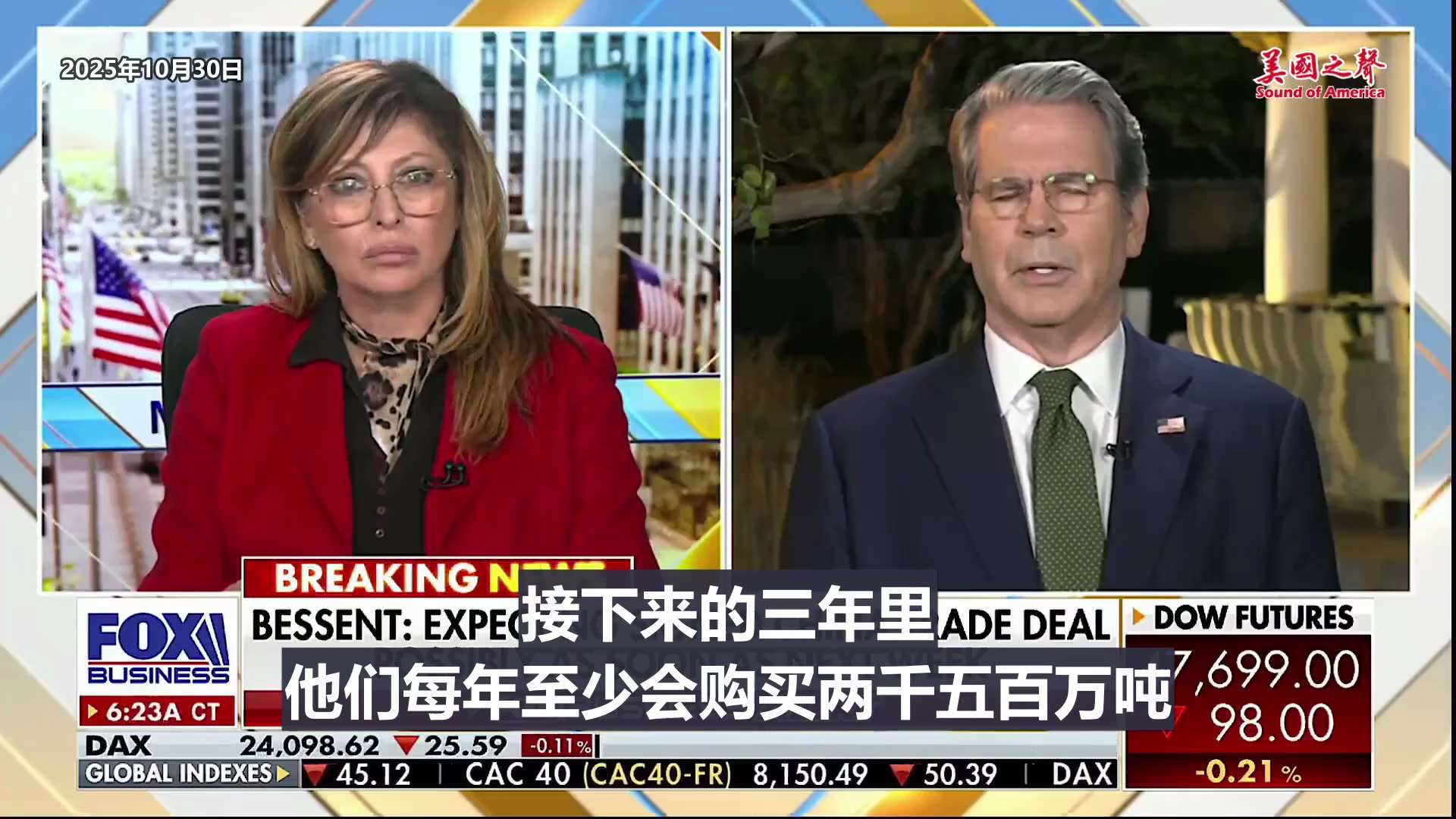 【美国之声--中共同意购买大豆】2025年10月30日财长贝森特（Scott Bessent）:

与中共协议中最重大的部分之一，是中共国将大规模采购美国农产品：

1. 到明年1月之前，购买一千二百...