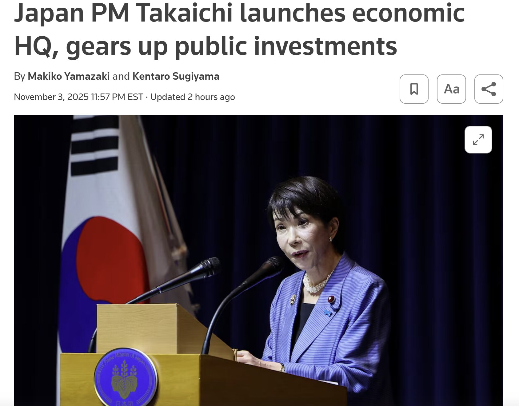 【美国之声--通过投资芯片和国防等关键领域，提振日本经济】2025年11月4日路透：

日本首相高市早苗政府于周二启动其经济战略总部，旨在通过聚焦芯片和国防等关键领域的公共投资，提振这个全球第四大经济...