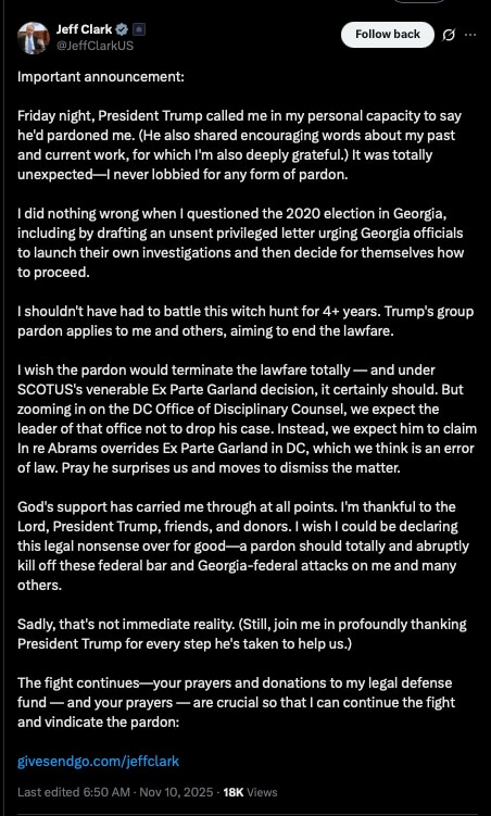 Jeff Clark = Warrior 

https://x.com/jeffclarkus/status/1987865473459839450?s=46