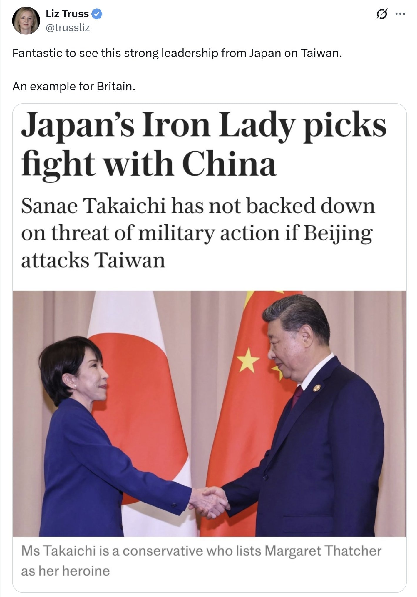 【美国之声--日本成了榜样】2025年11月18日前英国首相卓慧思（Liz Truss）：

“看到日本在台湾问题上展现出如此强有力的领导力，真是太棒了。这是英国可以学习的榜样”。

并配上一张海报，...