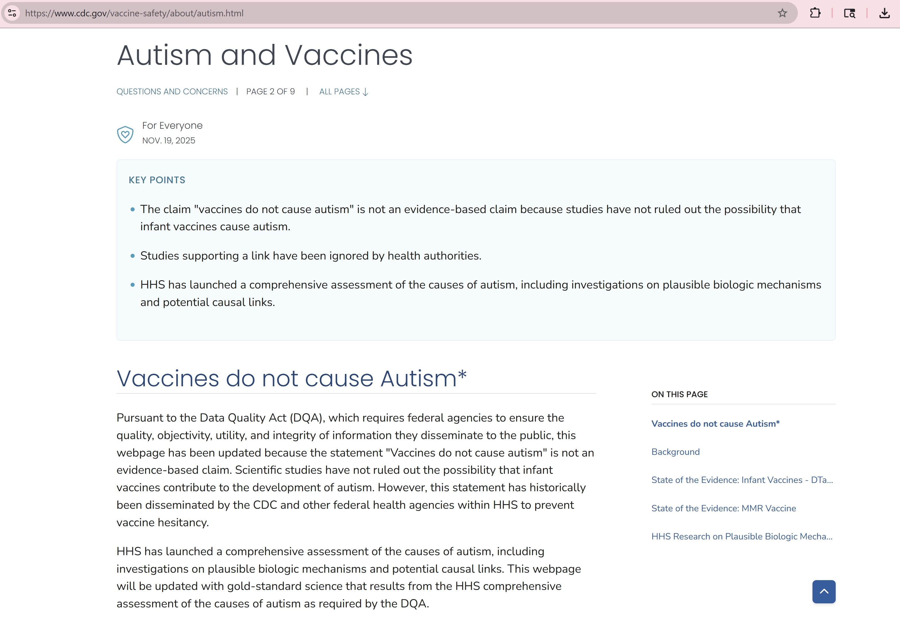 【美国之声--未能排除婴儿疫苗可能导致自闭症的可能性】2025年11月20日CDC更新了其网页：

🍀“疫苗不会导致自闭症”这一说法并非基于证据的结论，因为现有研究并未排除婴儿疫苗可能导致自闭症的可...