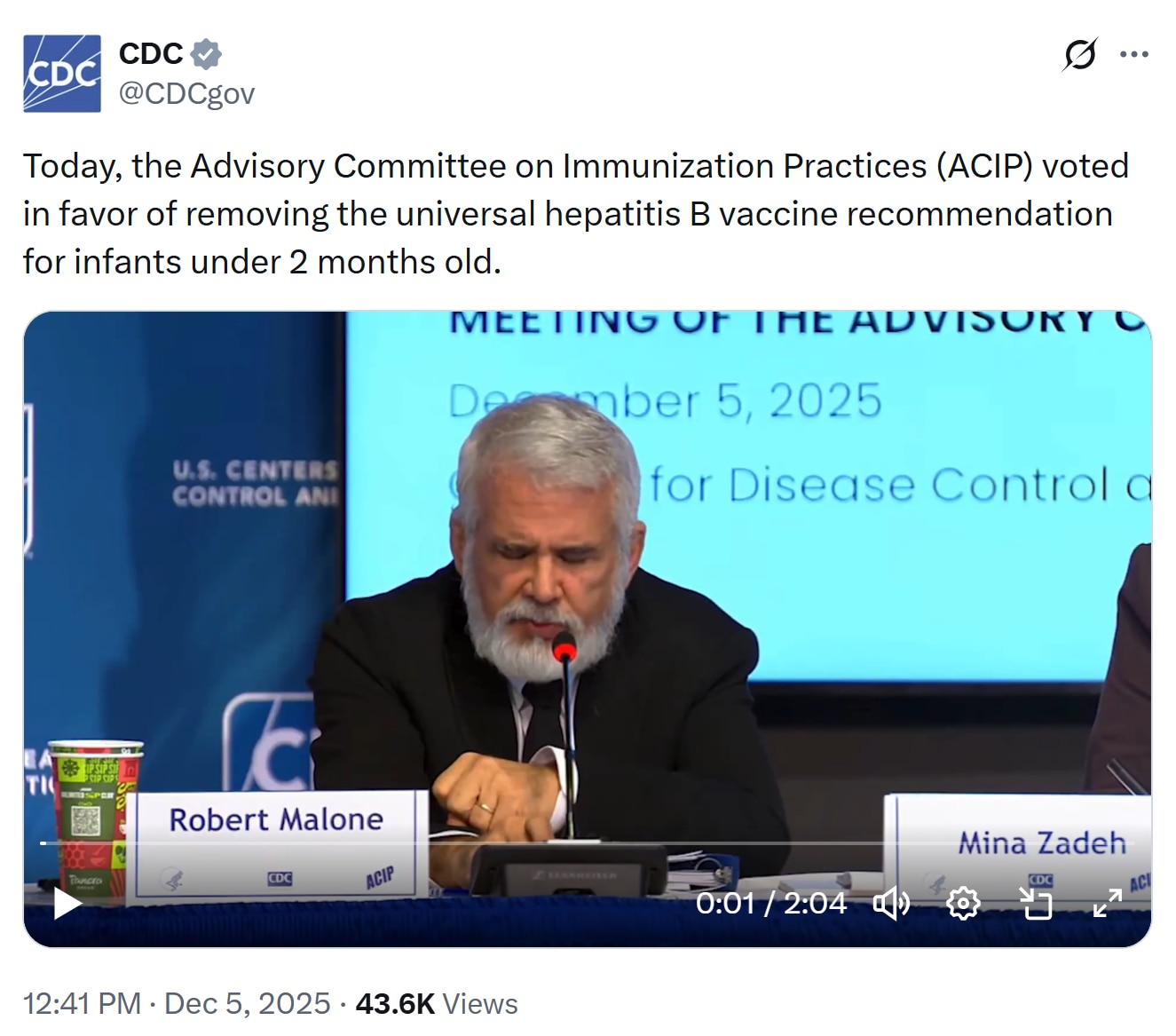 【美国之声】2025年12月5日CDC：今天疫苗咨询委员会（ACIP）投票，赞成取消对 2 个月以下婴儿的乙肝疫苗普遍接种建议。

#乙肝疫苗 #美国之声
