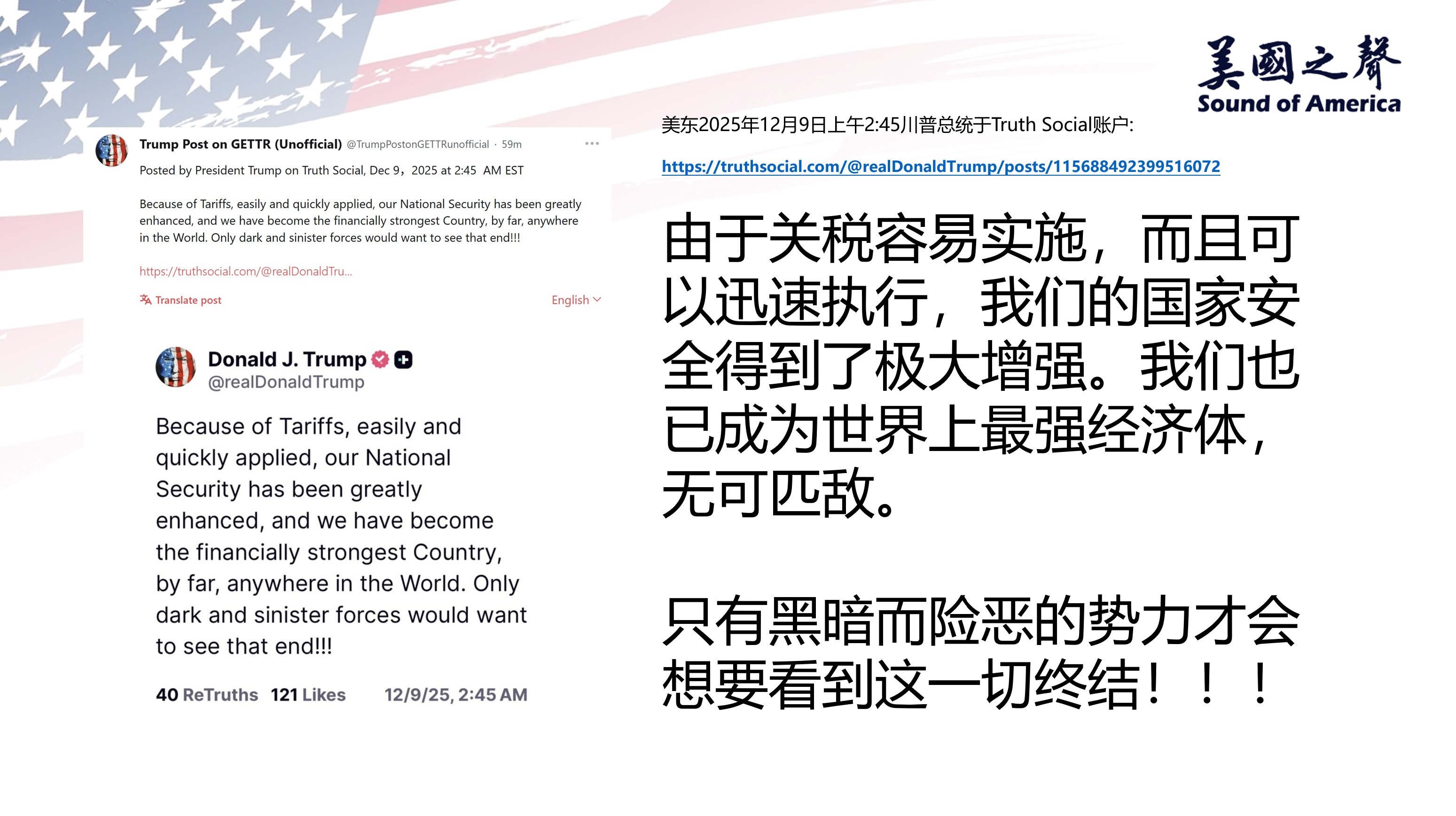 【美国之声--只有黑暗而险恶的势力才会想看到这一切终结！！！】2025年12月9日川普总统：

由于关税容易实施，且可以迅速执行，我们的国家安全得到了极大增强。我们也已成为世界上最强经济体，无可匹敌。...