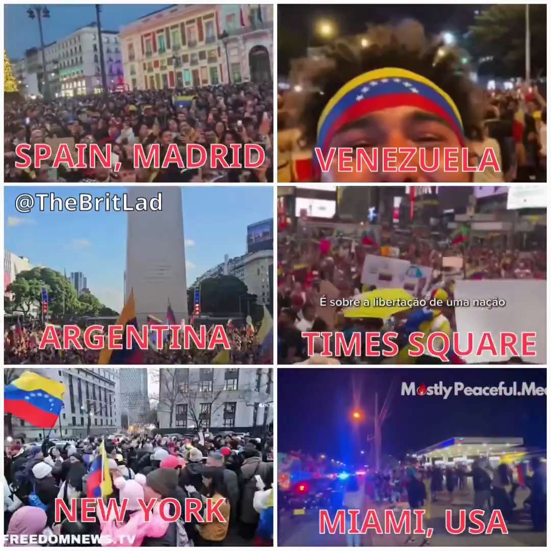 【美国之声】2026年1月3日，各地人们庆祝马杜罗及其妻被抓（顺时针）：

西班牙马德里；
阿根廷；
纽约；
迈阿密；
时代广场。 

#庆祝马杜罗及其妻被抓 #美国之声
