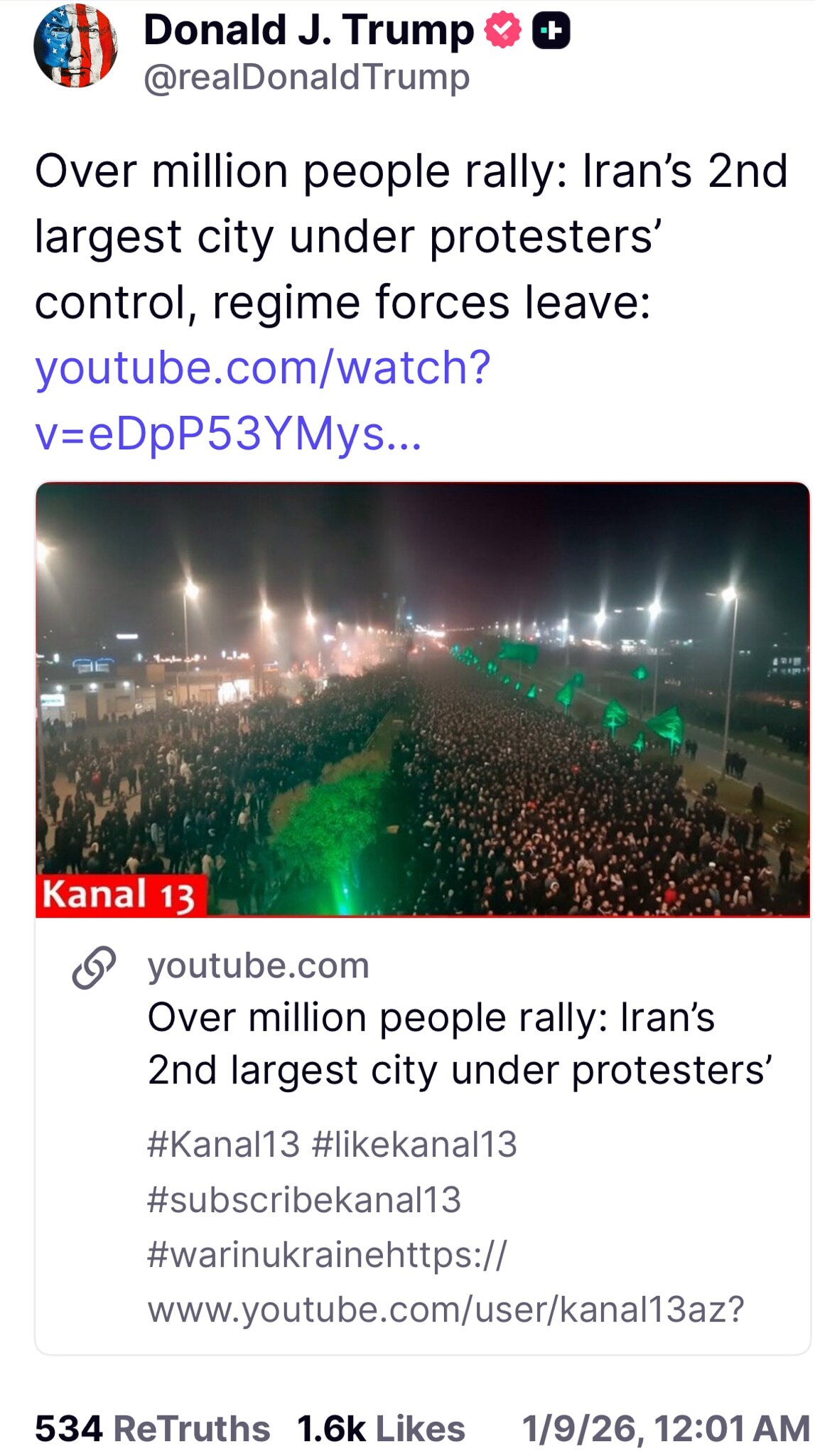 川普总统发文：超过百万人集会：伊朗第二大城市（马什哈德）在抗议者控制下，政权部队离开。

川总密切关注伊朗局势。

#伊朗抗议 #三票先生