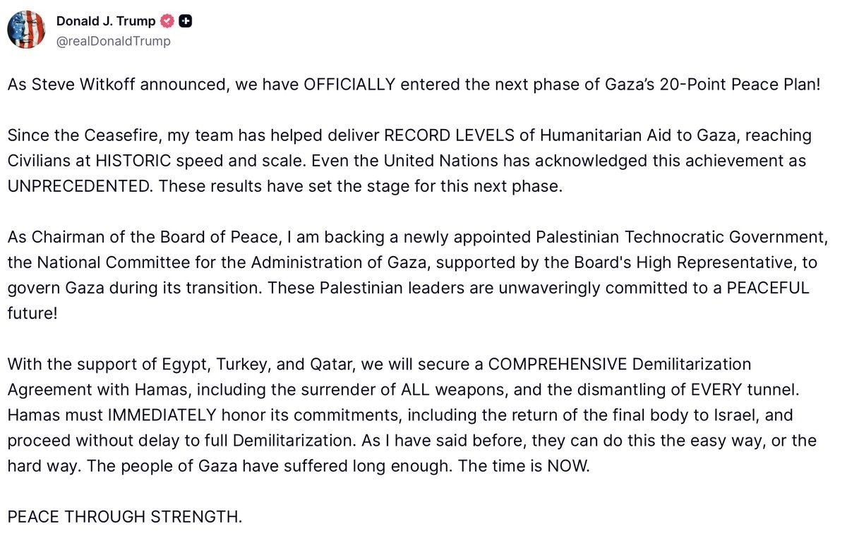 President Trump: As Chairman of the Board of Peace, I am backing a newly appointed Palestinian Techn...