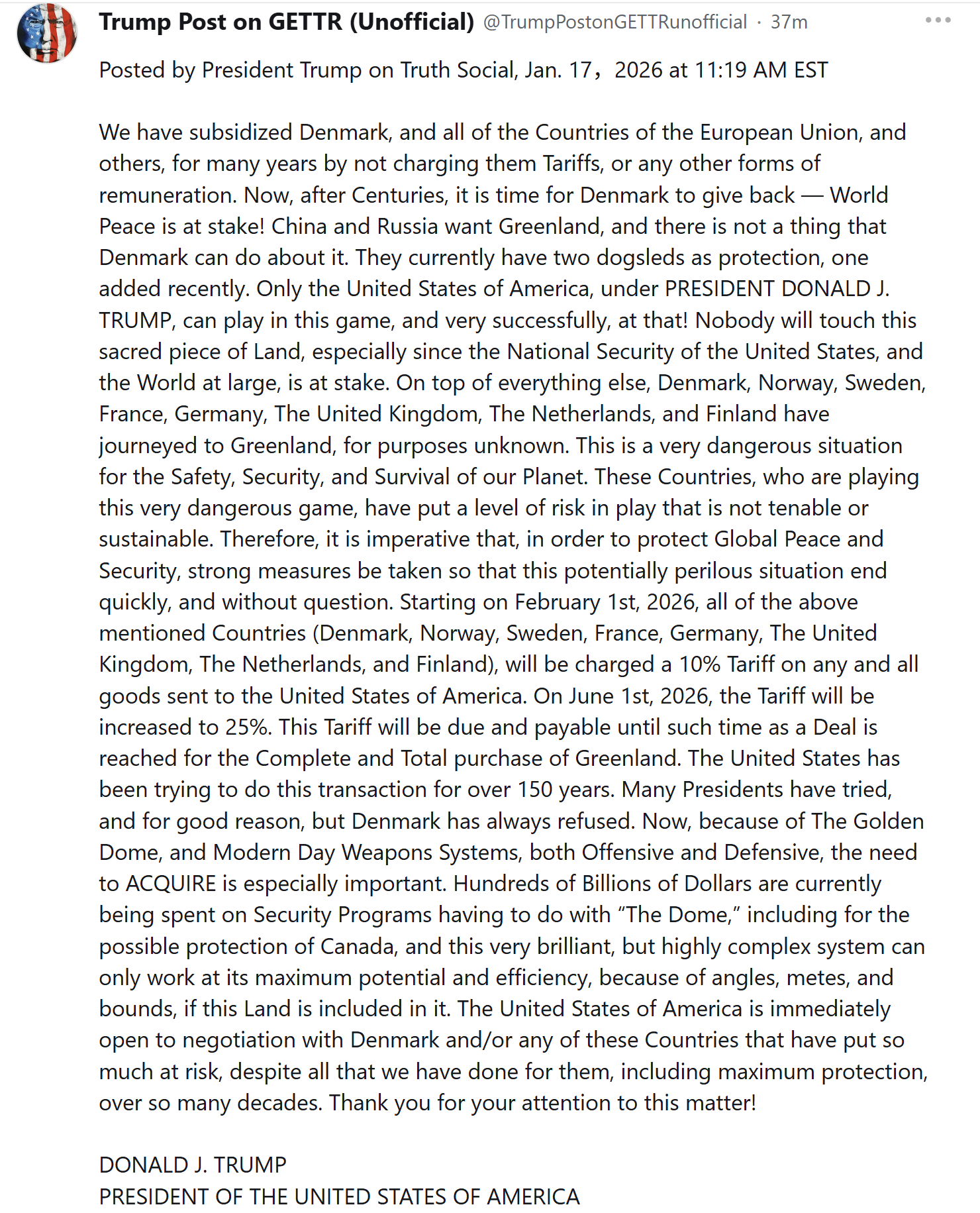 【美国之声】2026年1月17日川普总统：

在就全面收购格陵兰岛协议达成前，丹麦、挪威、瑞典、法国、德国、英国、荷兰和芬兰必须向美国缴纳关税。自2026年2月1日起，关税将为10%；自2026年6月...