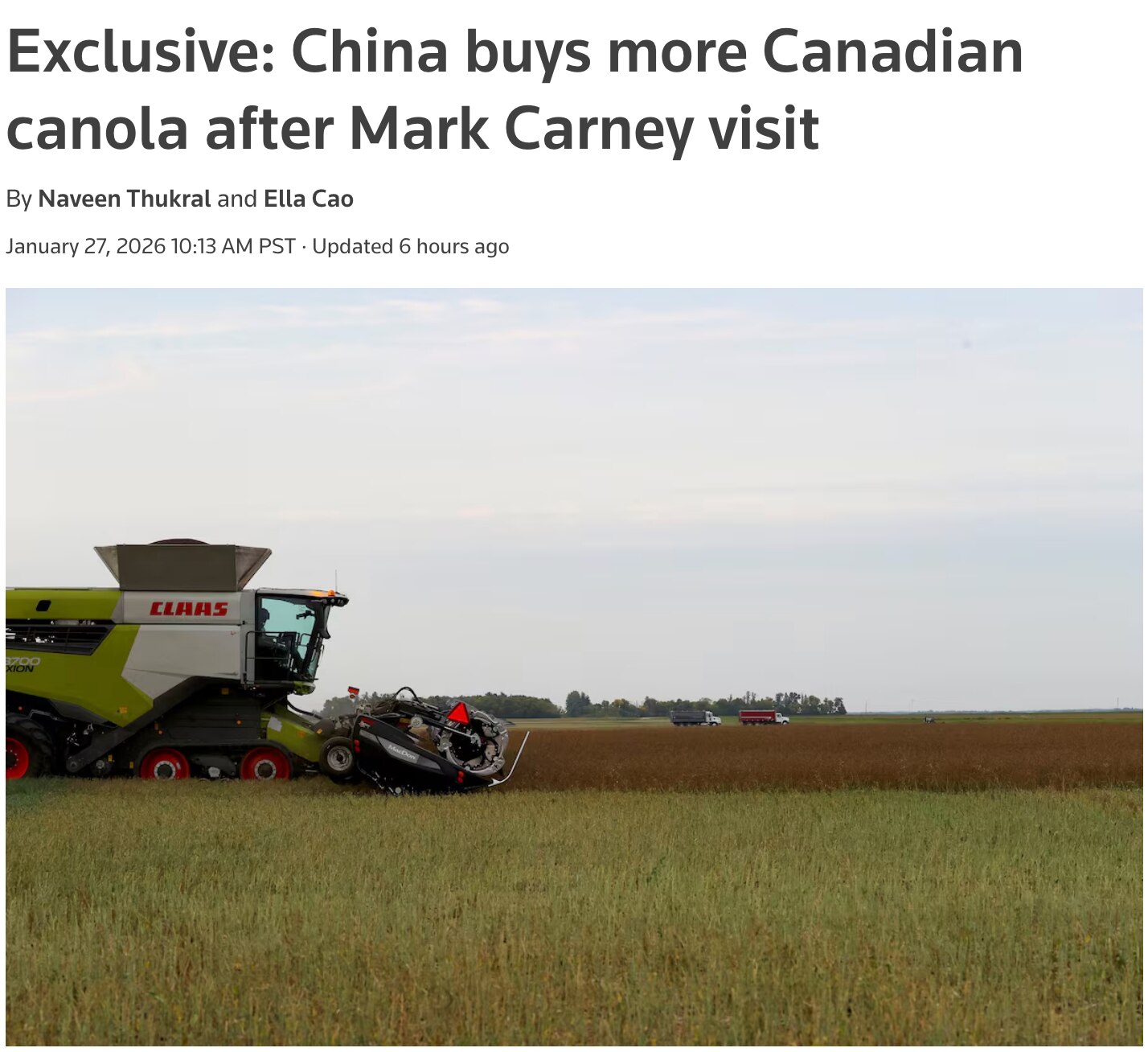 Chinese importers booked up to 10 cargoes of Canadian canola after Prime Minister Mark Carney’s visi...