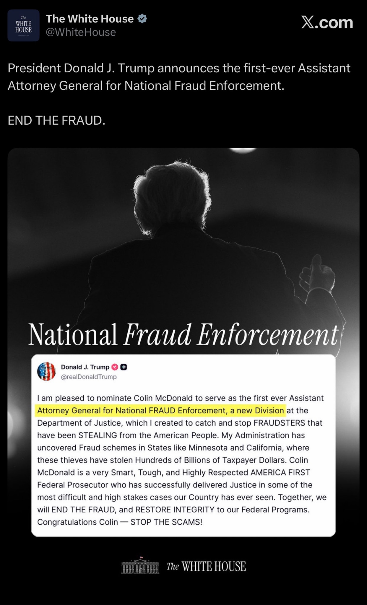 END THE FRAUD.

https://x.com/whitehouse/status/2016685990484607378?s=46